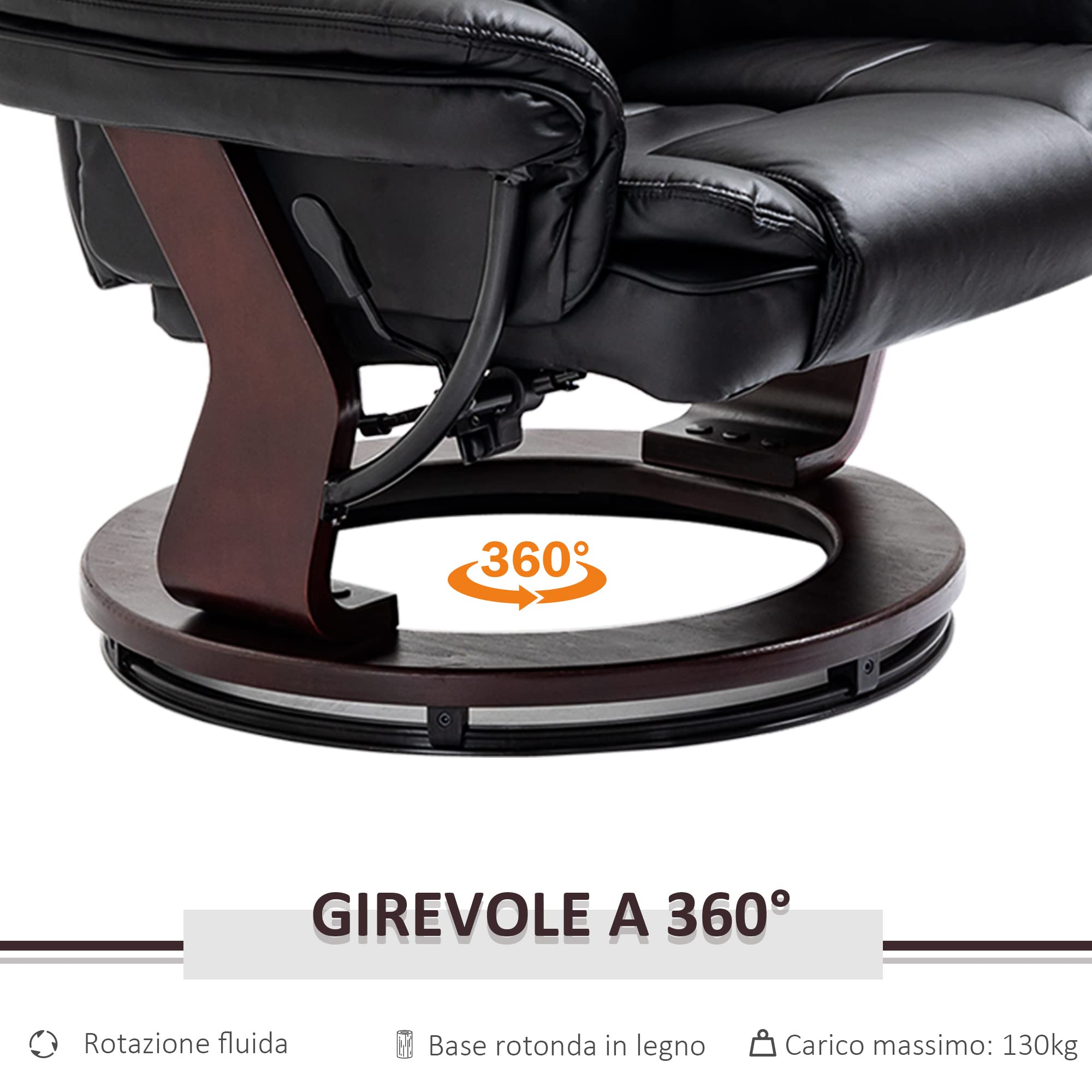 HOMCOM Poltrona con Poggiapiedi Reclinabile 135°, Poltrona Relax Ergonomica Girevole con Pouf, Poggiatesta e Braccioli in Pelle PU per Camera, Ufficio, Soggiorno e Salotto, 85x82x106 cm, Nero