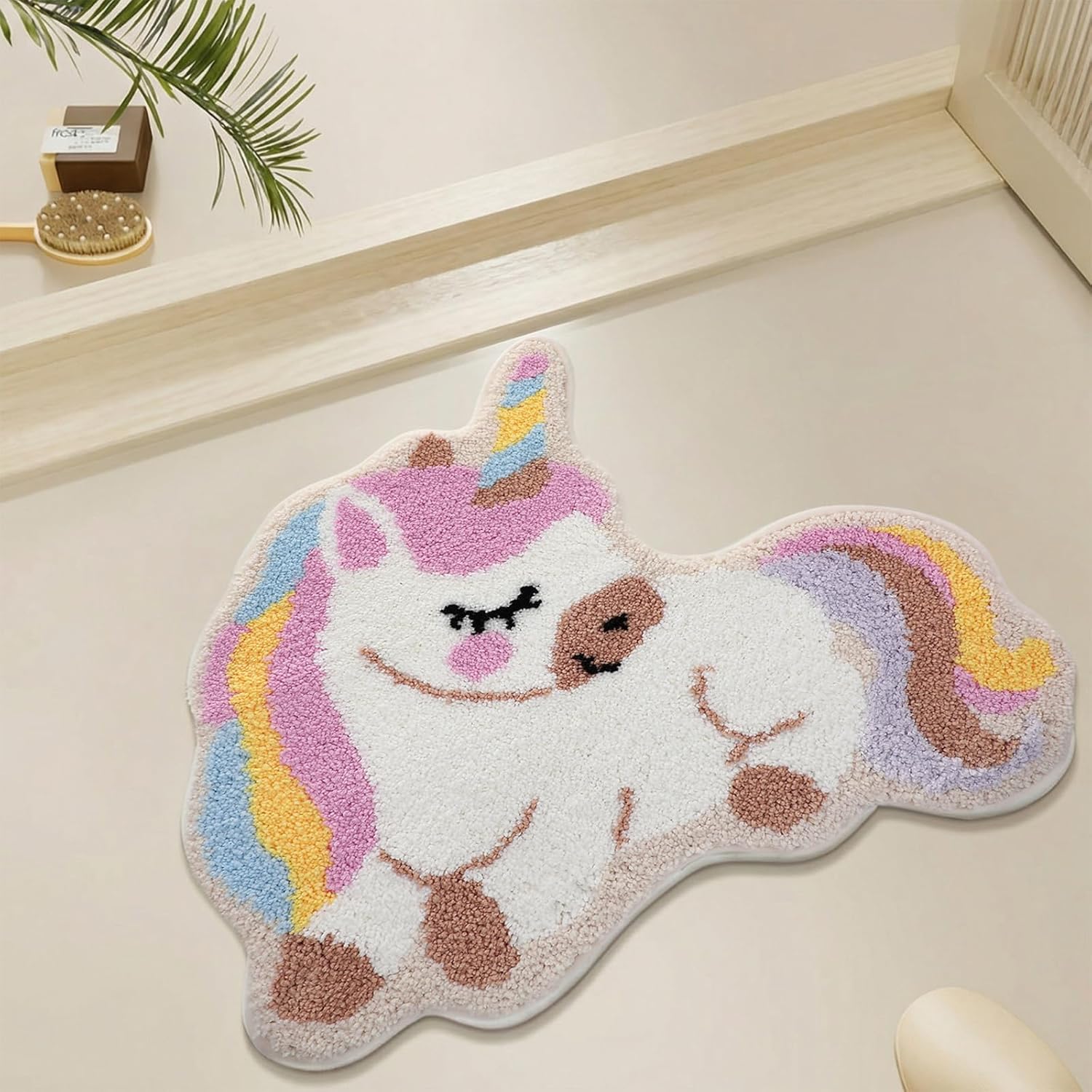 Dunzy Unicorn Rainbow Bath Mat 24 x 24 Inch Pastel Bathroom Decor Rug Cute Cartoon Irregular Unicorn Shapes Rug Absorbent Machine Washable Bath Mats for Girl Princess Room Bedroom