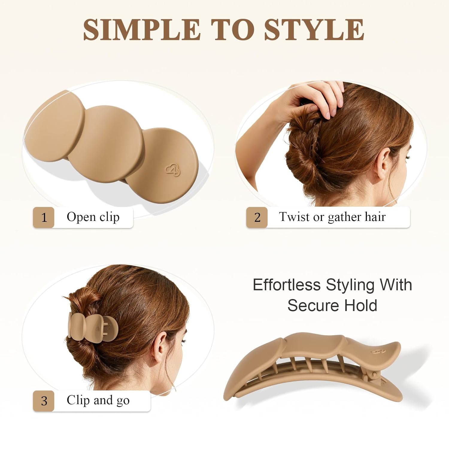 Medium Flat Hair Clips for Women, French Claw Clips for Thick Thin Hair, Lay Down Hair Clips for Styling, Duckbill Side Hairclips for Driving Yoga - Beige, Light Khaki, Dark Khaki, Black, 4pcs - Image 7