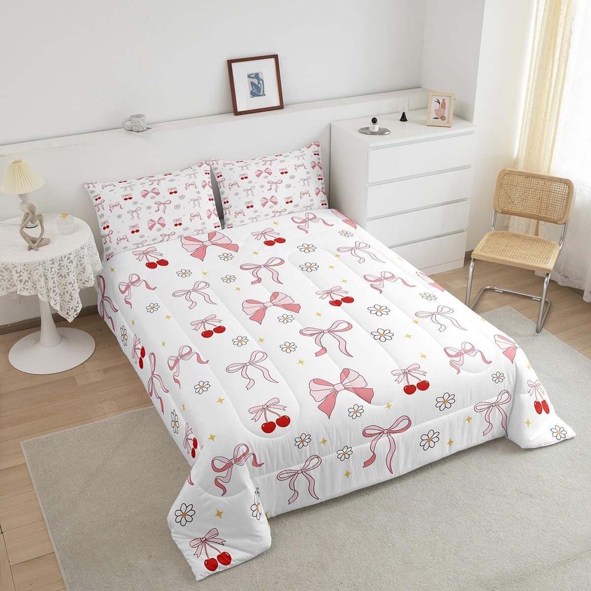Erosebridal Bow Floral Comforter Set Girls Watercolor Bows Bedding Queen Size,Coquette Bowknot Bedding Sets for Lovely Princess Dreamy Bed Set Simple Cute Aesthetic Bedroom Decor,with 2 Pillowcases