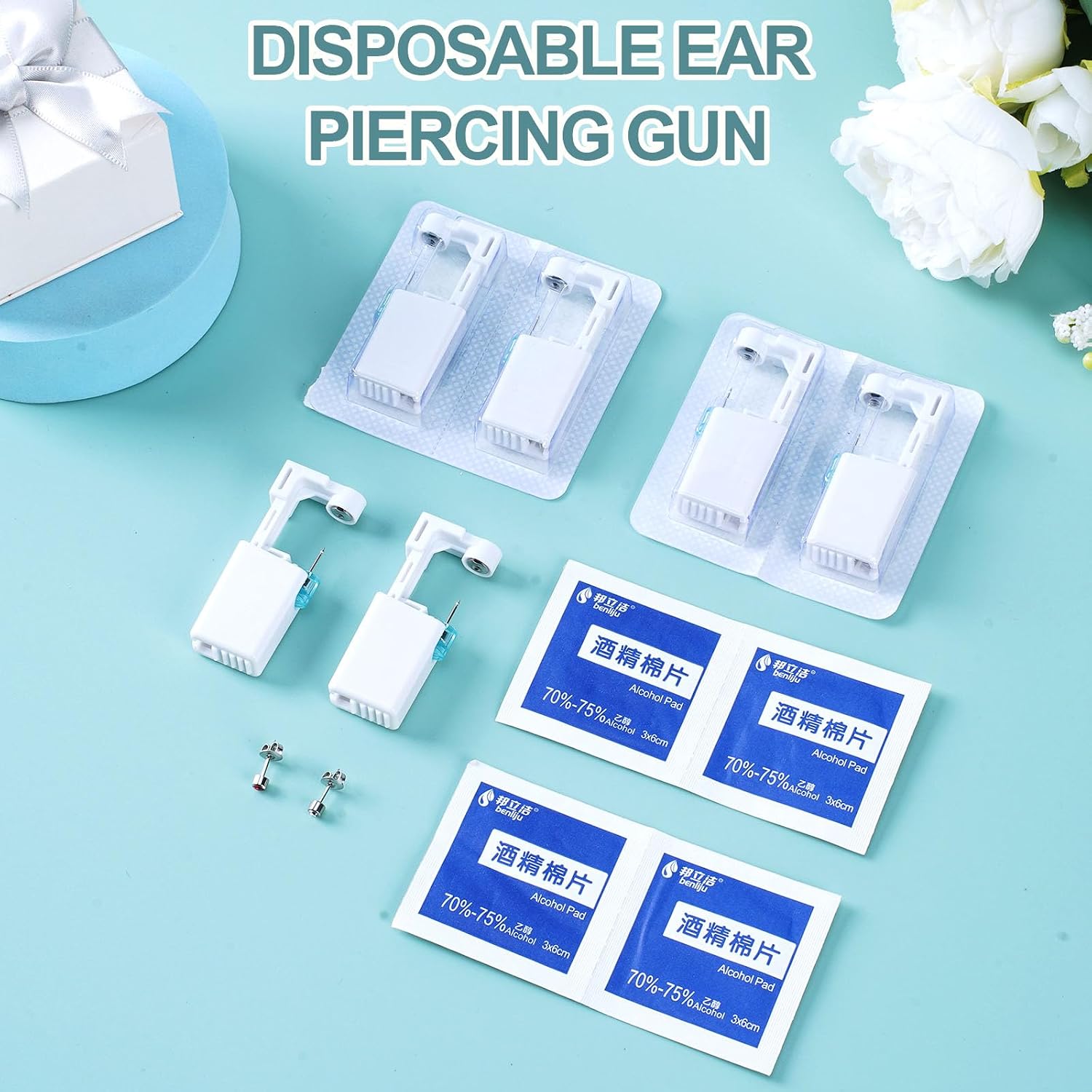 12PCS Ear Piercing Kit, Disposable Self Ear Piercing Gun Kit with Ear Studs and Alcohol Cotton, Painless Safety Nose Piercing Tools Earrings for Women Men Girls Boys (Silver)