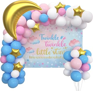 91PCS Twinkle Twinkle Little Star Gender Reveal Banner Backdrop Glitter Star Moon Balloons Garland Kit, Little Star Baby Shower Decorations for Boy Girl He or She Gender Photo Background