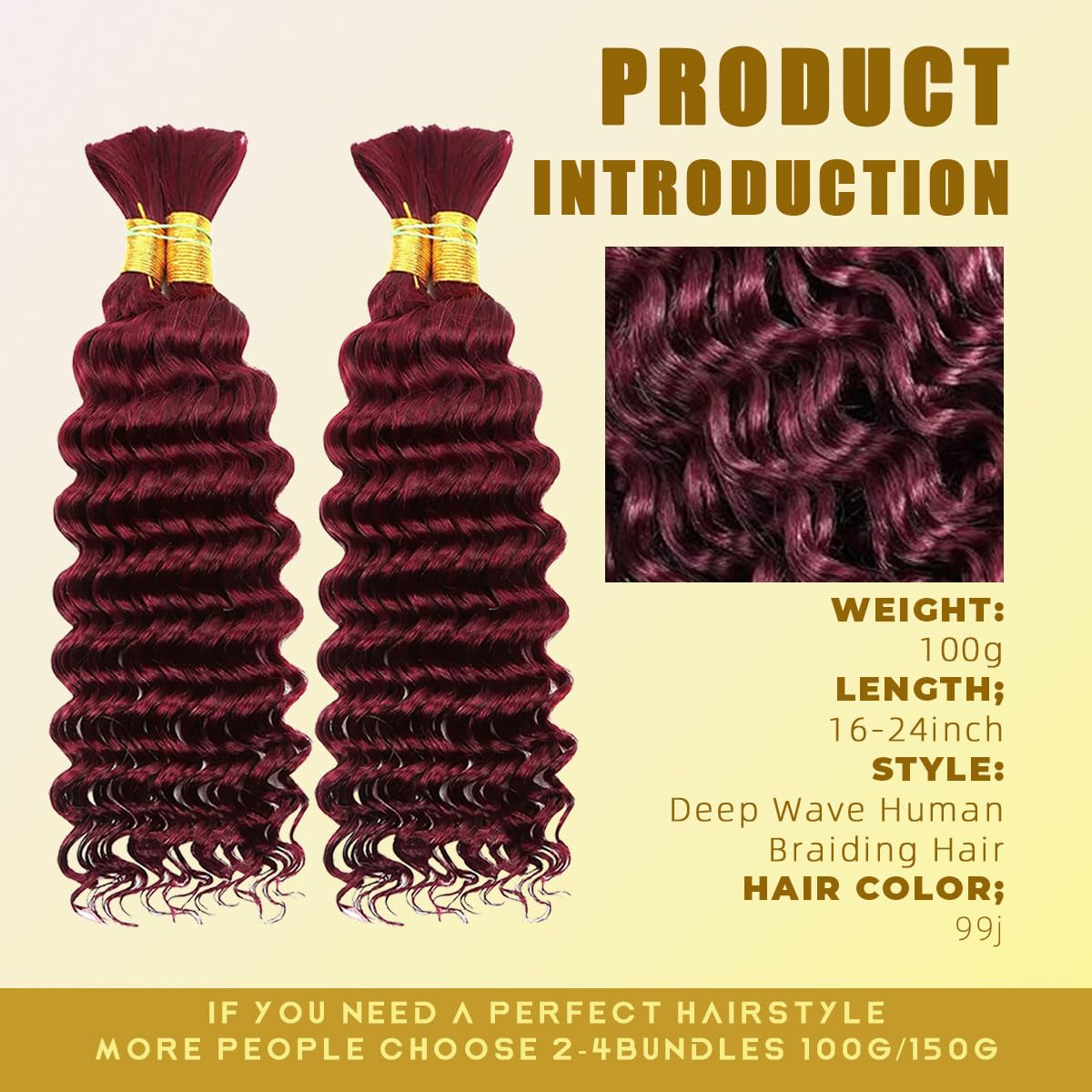 Human Braiding Hair for Boho Braids 22 Inch 110g 2 Bundles/Pack Deep Wave 12A Curly Brazilian Virgin Hair Extensions No Weft Knotless Bulk 1B Black
