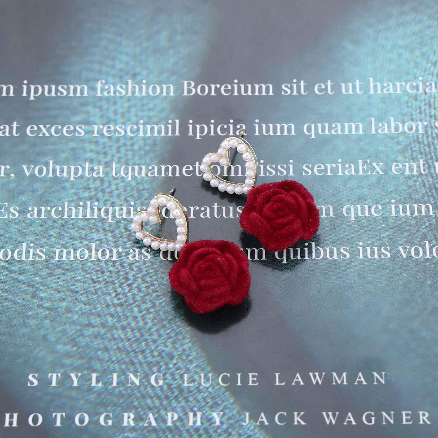 Bohemian Rose Pearl Heart Dangle Earrings Red Rose Flower Drop Earrings Velvet Camellia Flower Earrings Hollow Pearl Heart Stud Earrings Jewelry for Women Gifts - Image 4