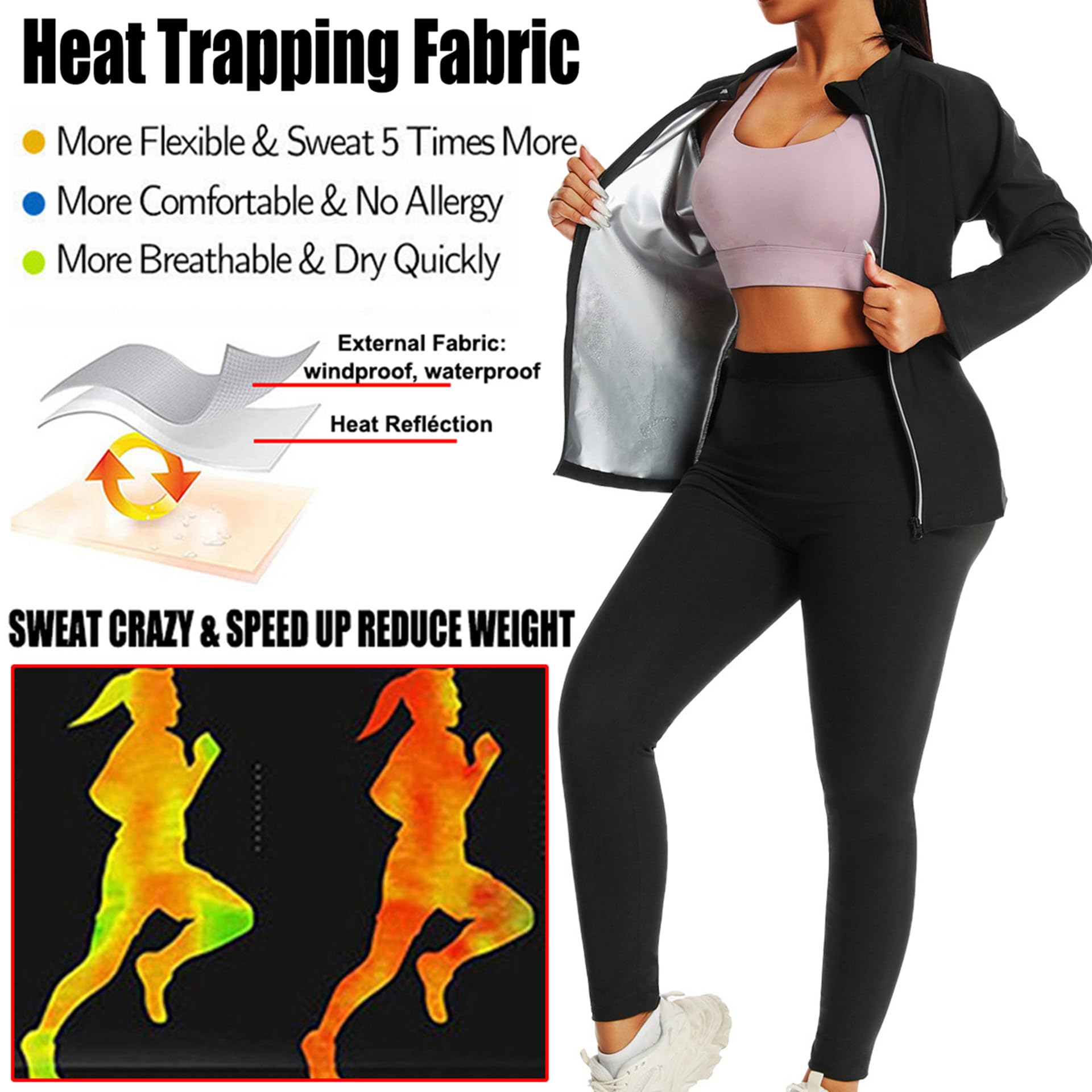 Traje Sauna Mujer, Trajes De Sudoración para Fitness, Fajas Reductoras Mujer Adelgazantes, Traje De Sudor Pérdida De Peso para Yoga Running, Conjunto De Pantalón Superior,2XL,Silver