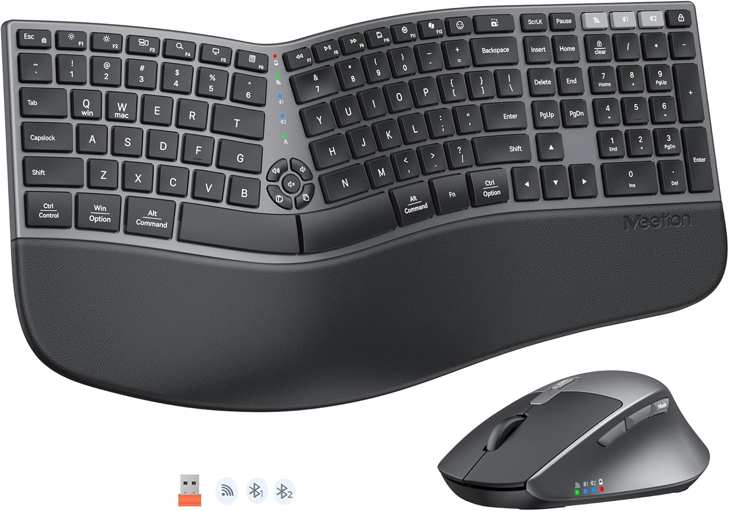 MEETION Ergonomic Keyboard and Mouse Wireless, Split Curved 2.4G & Bluetooth Keyboard Mouse, Full-size Cushioned Palm Rest Keyboard, 4 Adjustable DPI Mouse, Compatible for Windows/Mac/PC/Laptop, Black