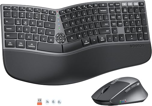 MEETION Ergonomic Keyboard and Mouse Wireless, Split Curved 2.4G & Bluetooth Keyboard Mouse, Full-size Cushioned Palm Rest Keyboard, 4 Adjustable DPI Mouse, Compatible for Windows/Mac/PC/Laptop, Black