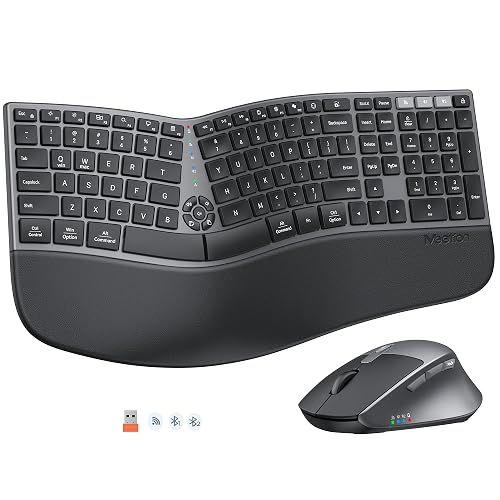 MEETION Wireless Ergonomic Keyboard and Mouse, Split Curved Bluetooth & 2.4G Keyboard Mouse Set, Cushioned Palm Rest, Full-Size, 4-Level DPI Adjustable Mouse (Blue)