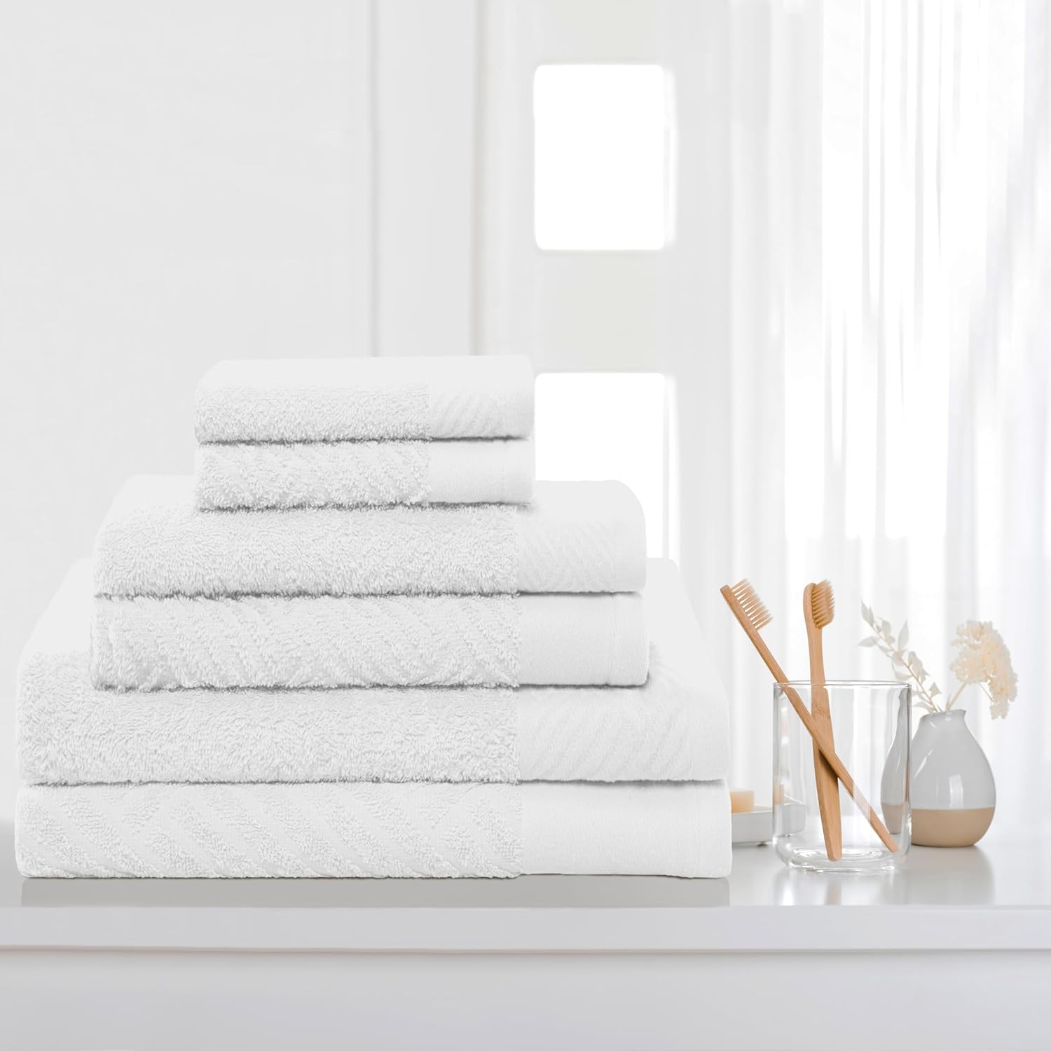Superior Basketweave 6 Piece Egyptian Cotton Towel Set, Medium Weight, Bath Essentials, Textured Jacquard and Solid Designs, Includes 2 Face Towels/Washcloths, 2 Hand Towels, 2 Bath Towels, White