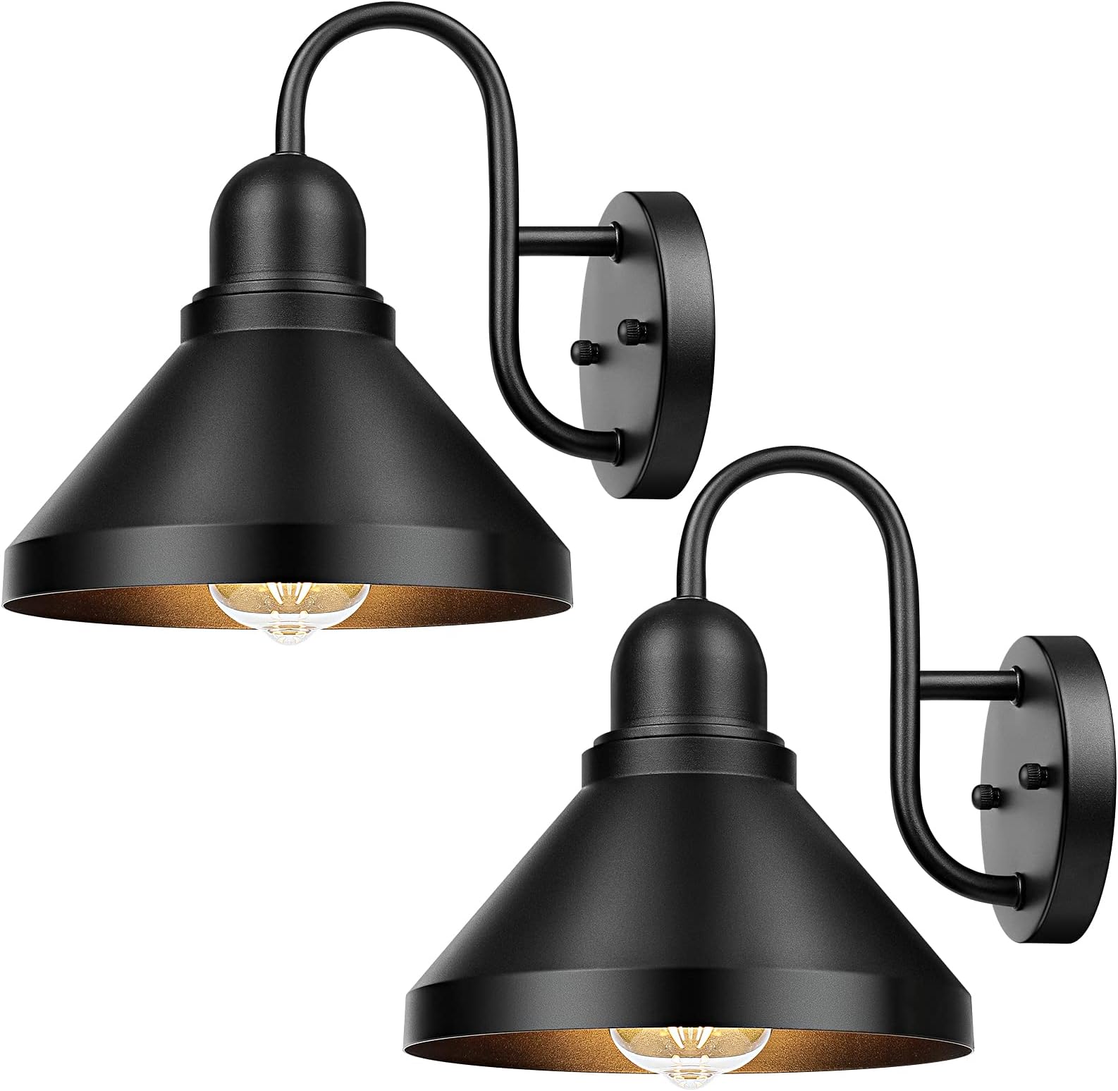 Brightever Gooseneck Outdoor Light Fixtures, 2-Pack Farmhouse Barn Lights for Porch, Industrial Black Exterior Wall Sconce for Garage, Patio, E26 Base Anti-Rust, Bulb not Included