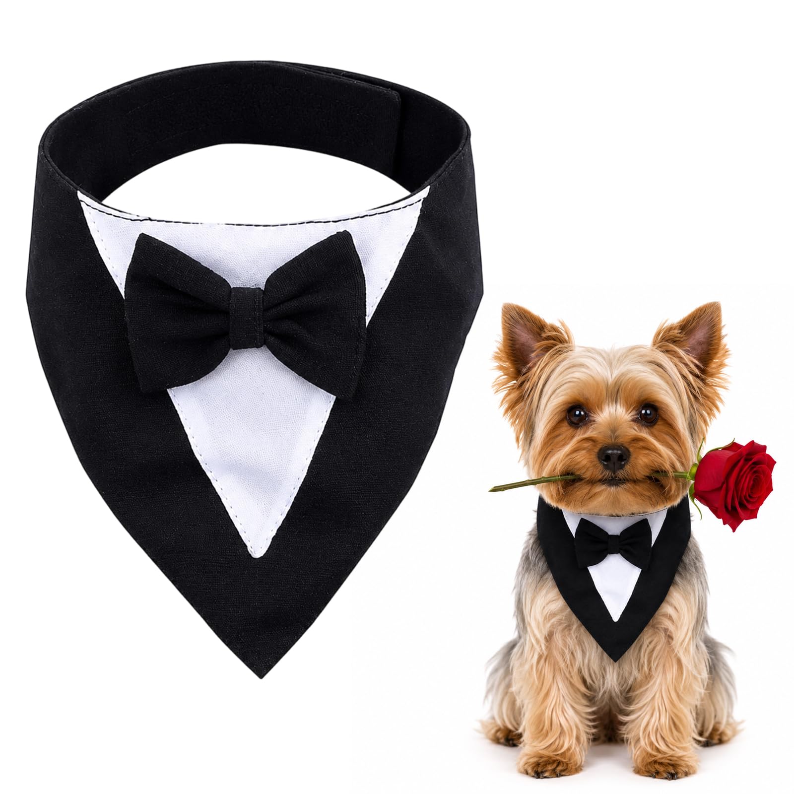 Small Dog Tuxedo Black Pet Tie, Lightweight Dog Collar Bow Tie for 30-35cm Neck, Adjustable Formal Dog Neckerchief for Pet Birthday, Weddings, Machine Washable for Yorkshire Terrier Pomeranian（Black）