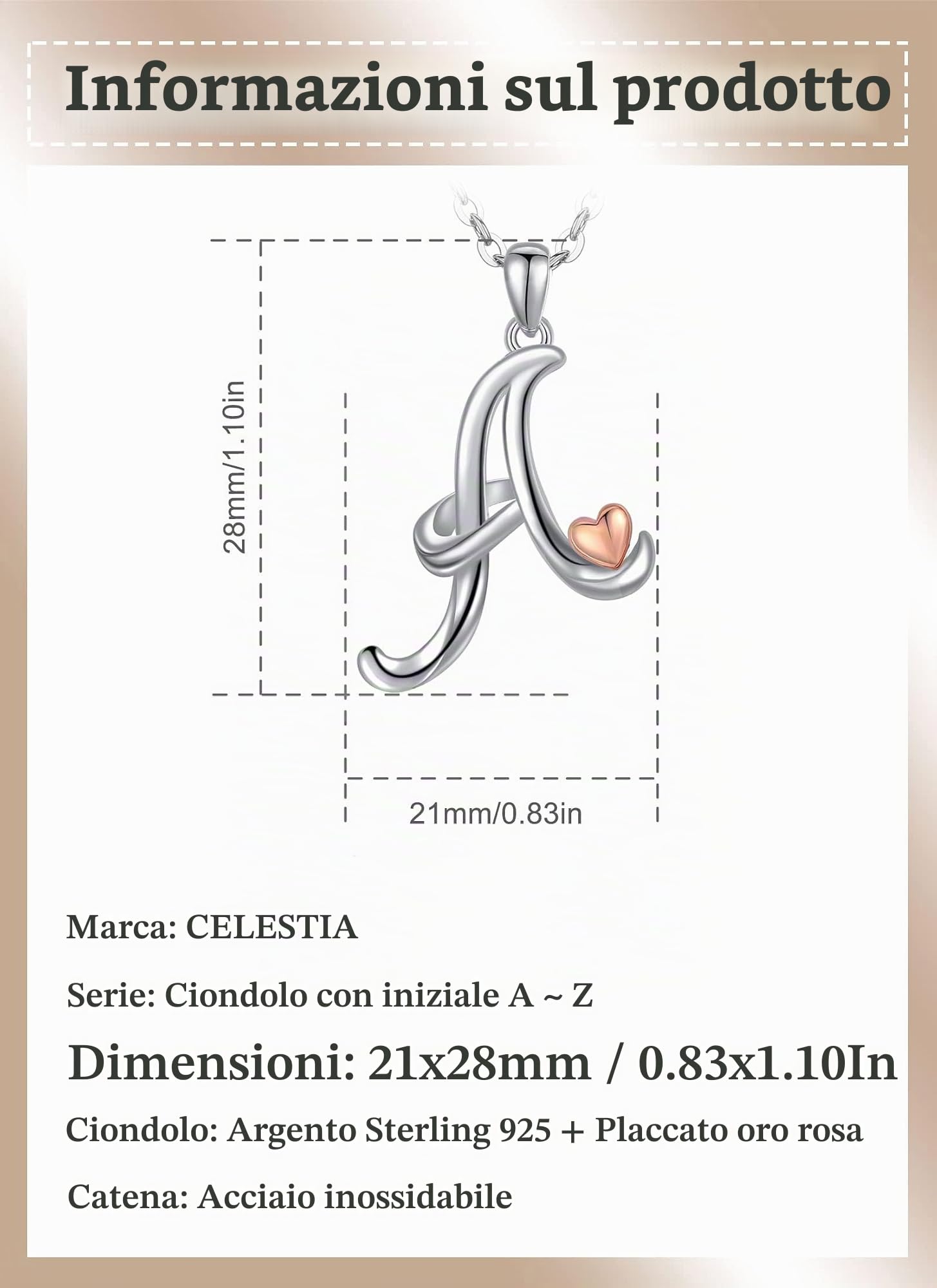 CELESTIA Donna Collana con Iniziale Nome Argent Sterling 925 Ciondolo Cuore Lettera A~Z Gioielli Personalizzato Regali Donne Fidanzata Figlia Compleanno Natale