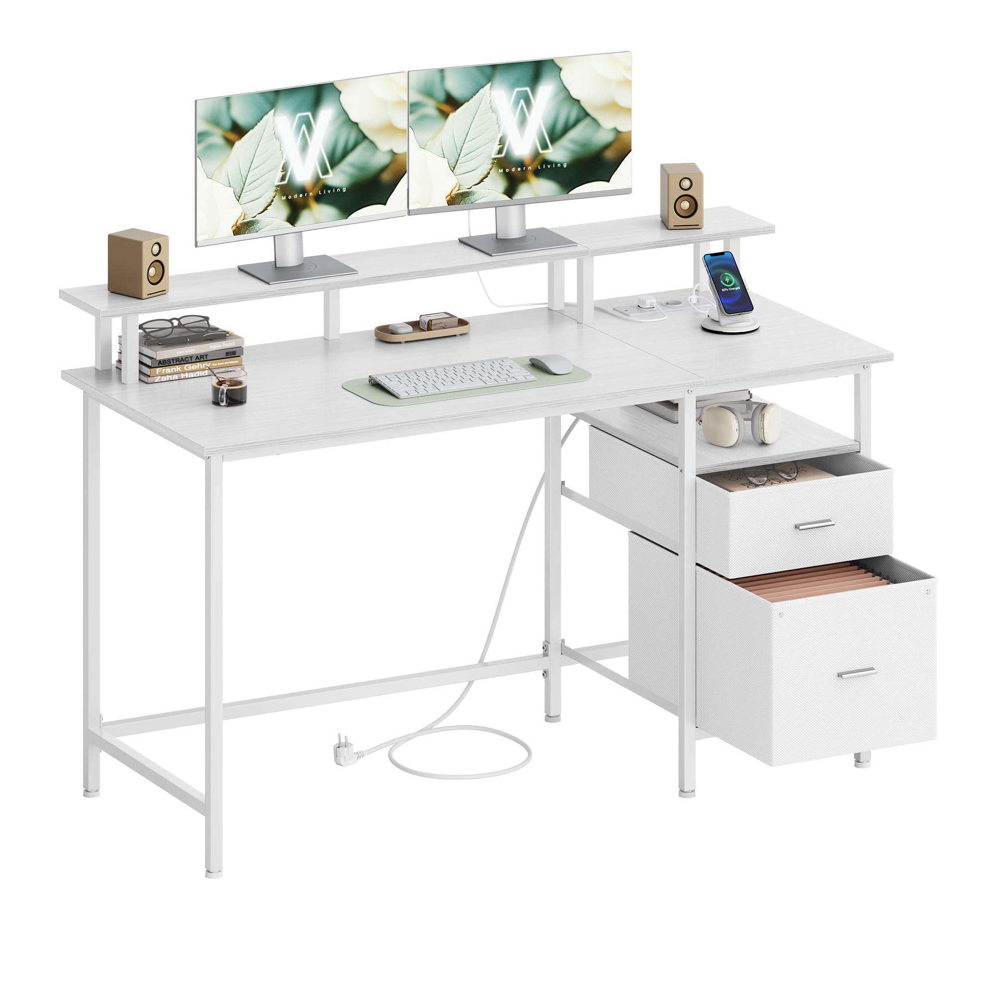 VASAGLE Bureau Gaming, avec Tiroirs en Tissu, Table Informatique avec Support d'Écran, Multiprise, 2 Ports USB, pour Bureau à Domicile, 140 x 60 cm, Blanc Érable LWD094W01V1