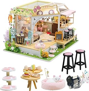 Cat Cafe Wooden Miniature Dollhouse Kit DIY Pet Cat Coffee Shop Building Model Accessories with Furniture LED Light Music Box Birthday (Without Dust Cover)