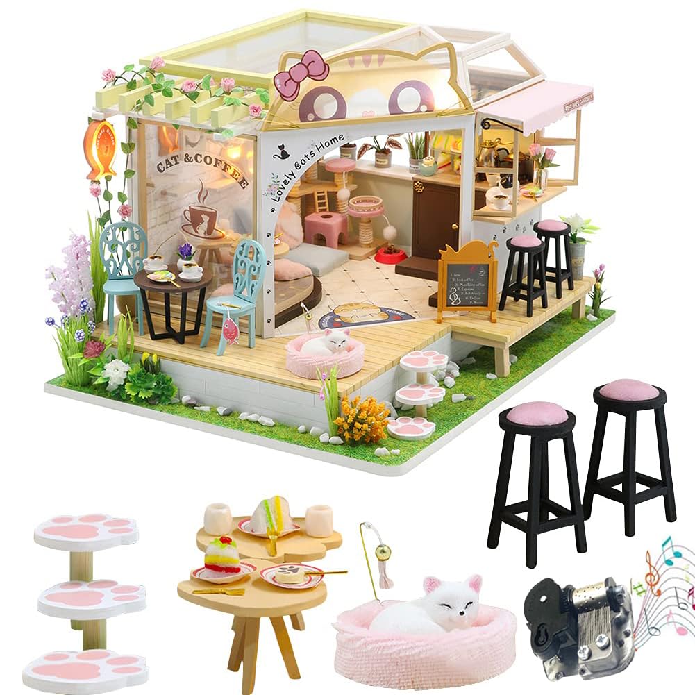 Amazon.com: Cat Cafe Wooden Miniature Dollhouse Kit DIY Pet Cat