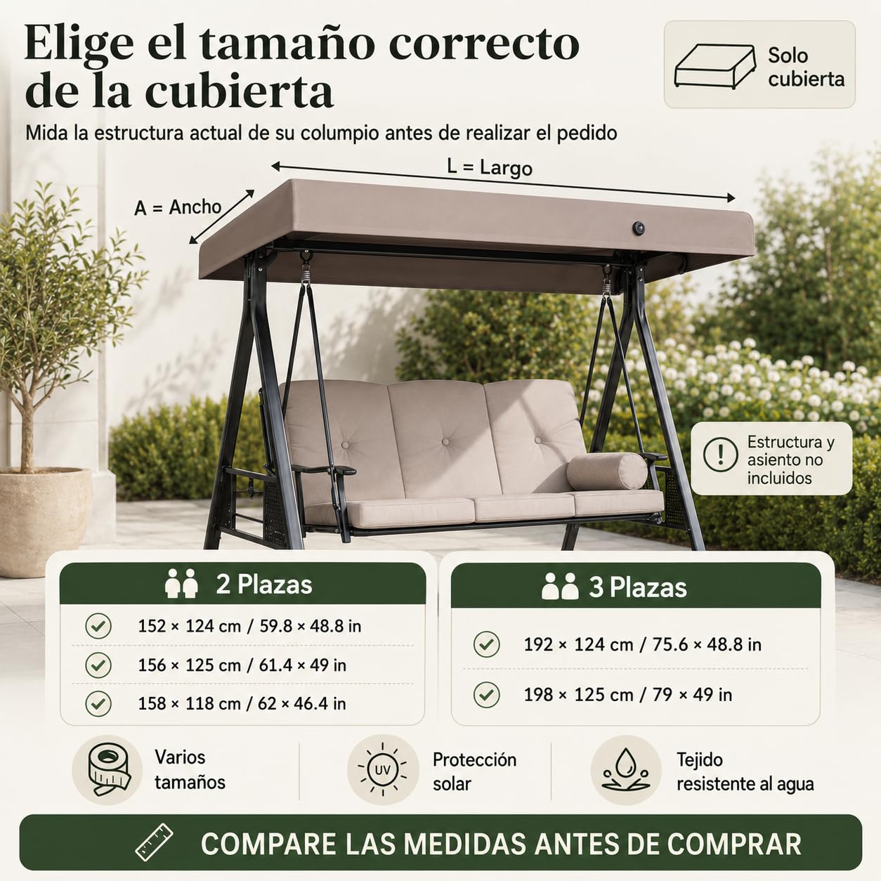 Cubierta de Repuesto para Toldo de Columpio, Techo Impermeable para Balancín de Porche Exterior de 2-3 Plazas, Tela Duradera Resistente a los Rayos UV para Hamaca de Patio (198*125cm)
