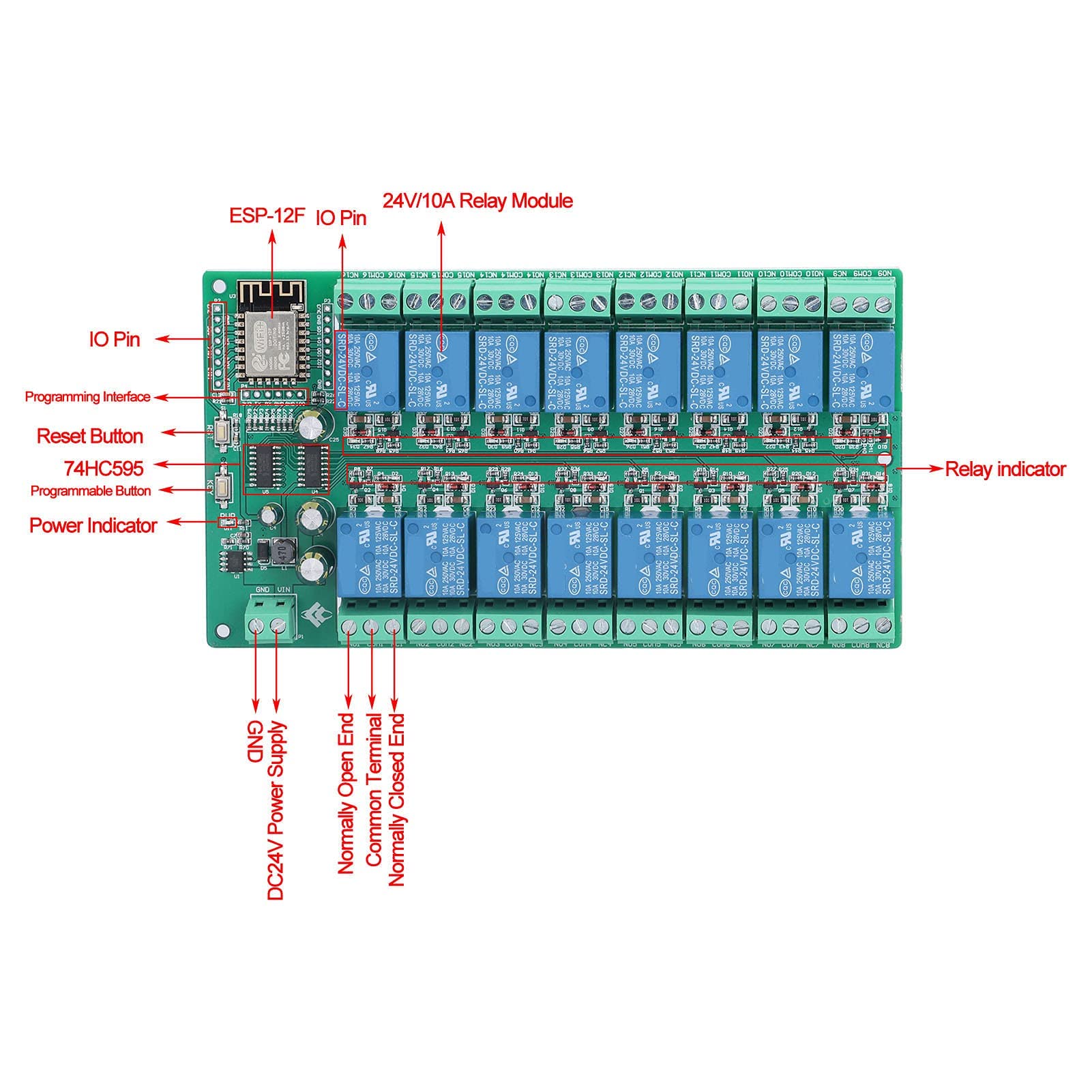 Modulo Relè Scheda di Sviluppo del Telecomando WiFi a 16 Canali DC 24V per lo Sviluppo Secondario ESP8266 Apprendimento del Controllo Wireless della Casa Intelligente