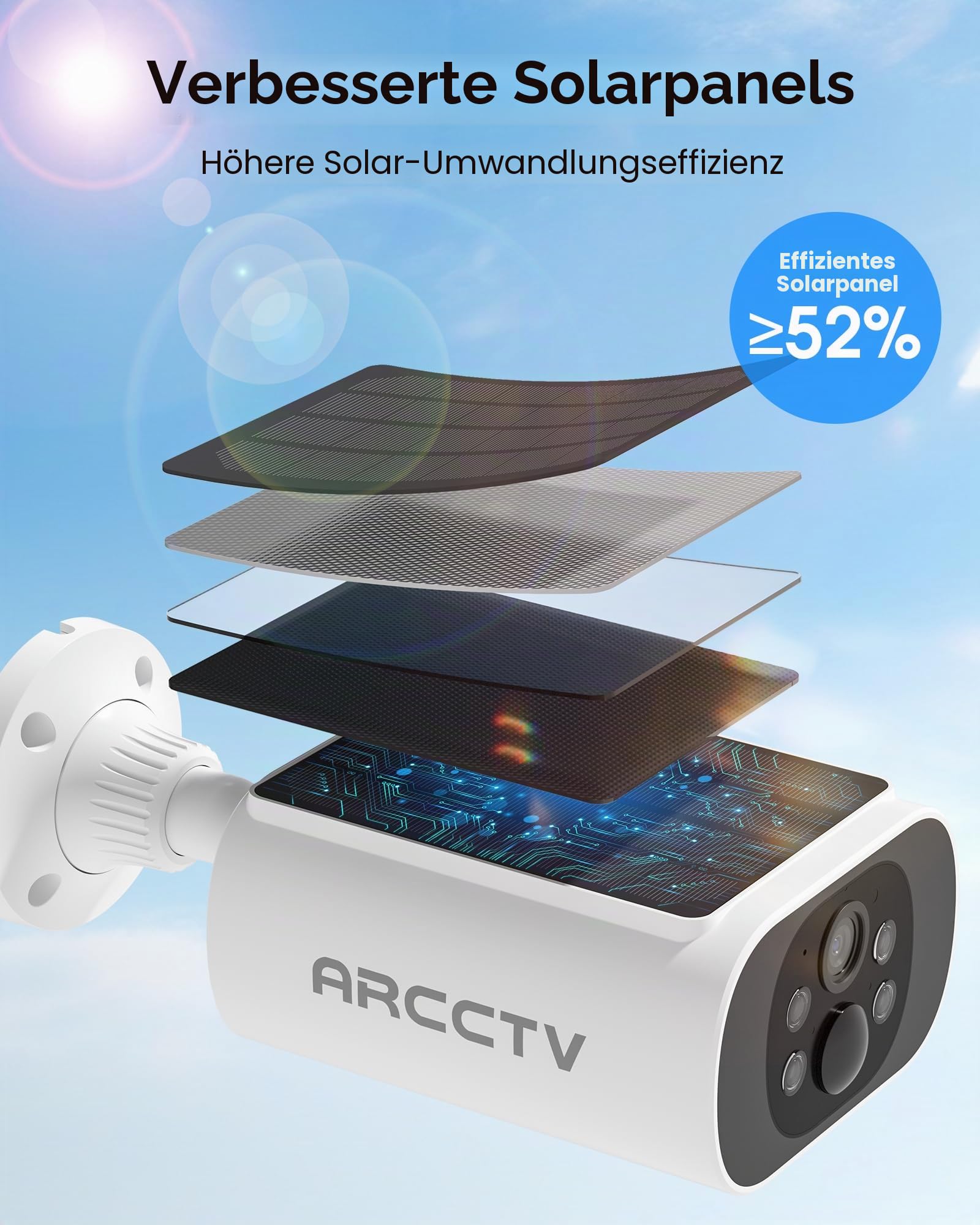 ARCCTV 4MP Solarbetriebene Überwachungskamera, Integriertes Solarpanel