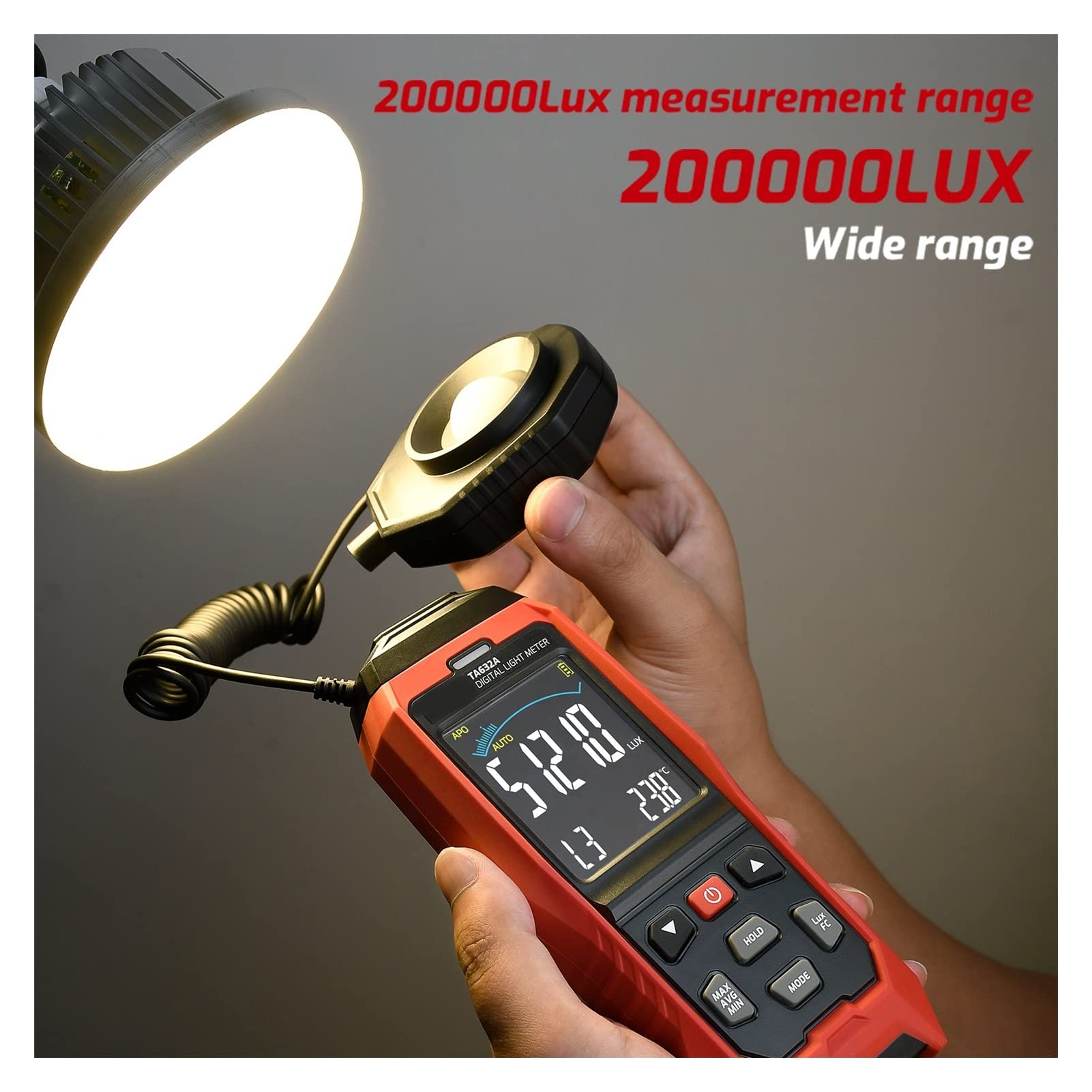 Luxómetro Portátil, LCD Medidor de iluminancia digital Ta632a Medidor de iluminación de mano 0-200000 METRO DE LUZ LUX Iluminador digital Iluminador de mano Temperatura ambiente de temperatura para in