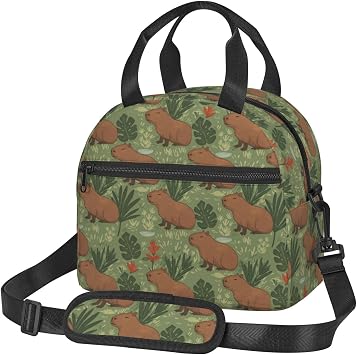 Green Capybara Reusable Insulated Lunch Box Waterproof Lunch Bag with Detachable and Adjustable Shoulder Strap for Office Picnic or Travel