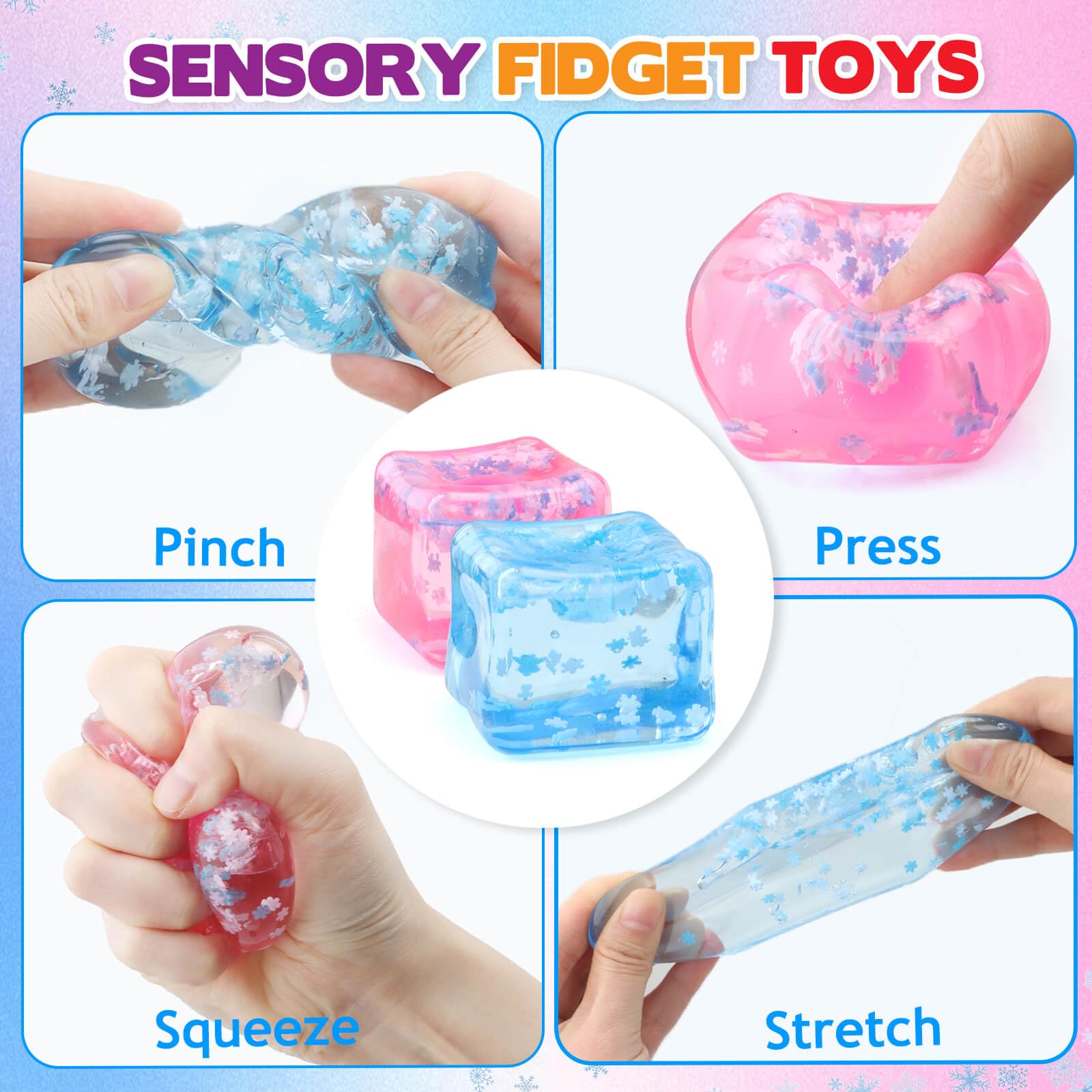 Chridark Ice Cube Fidget Toys for Adults Kids: 2 Pcs Sensory Squishy Fidget Toys Square Stress Balls Gifts for All Ages Adults Kids Teens Presents Anxiety Relief Stress Cube (Blue+Pink) - Image 3