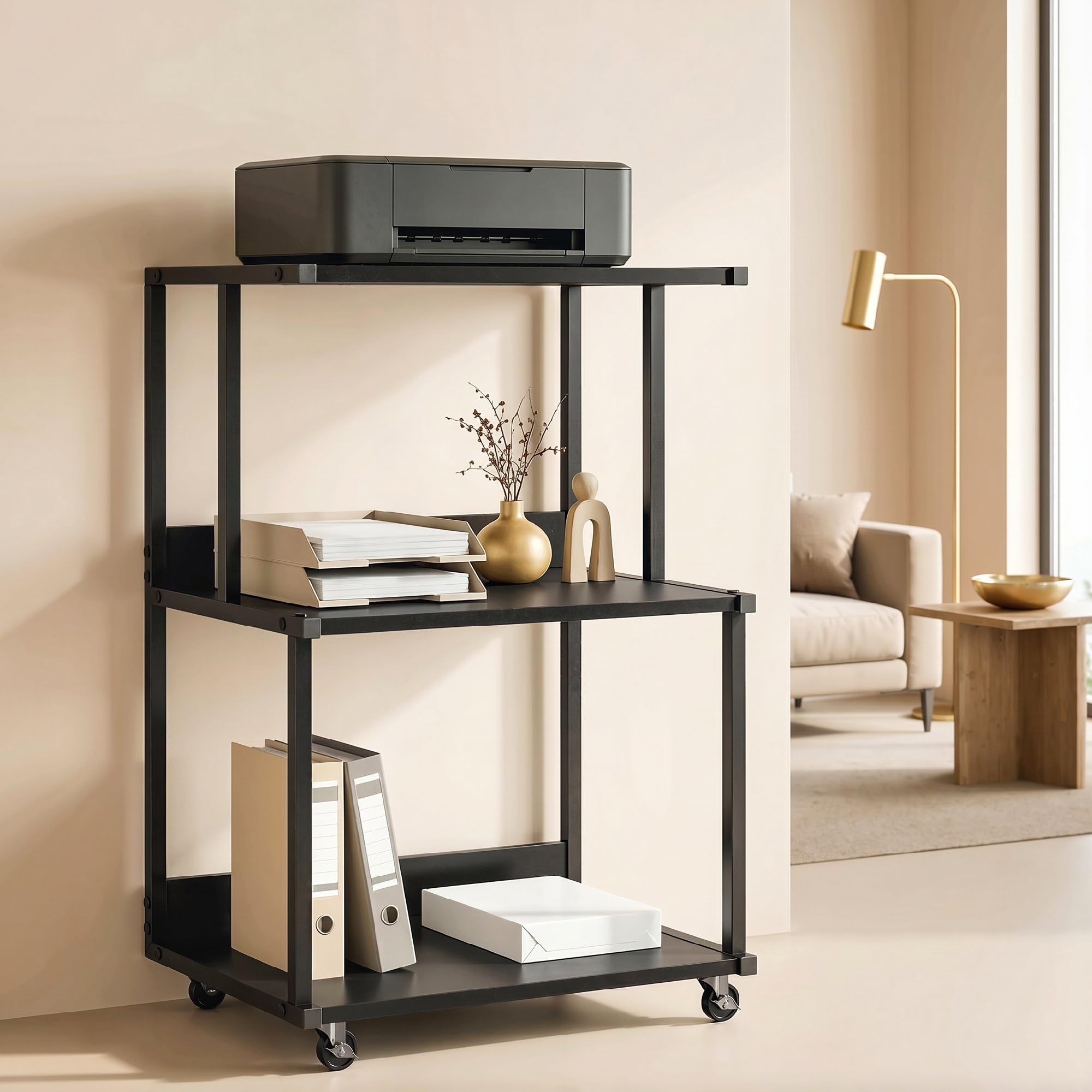 HOMCOM Carrello Porta Stampante a 3 Livelli, Supporto Stampante con Ruote con Freno, Salvaspazio in Metallo e Legno, per Casa, Studio, Ufficio, Industriale, 50x40x75cm, Nero