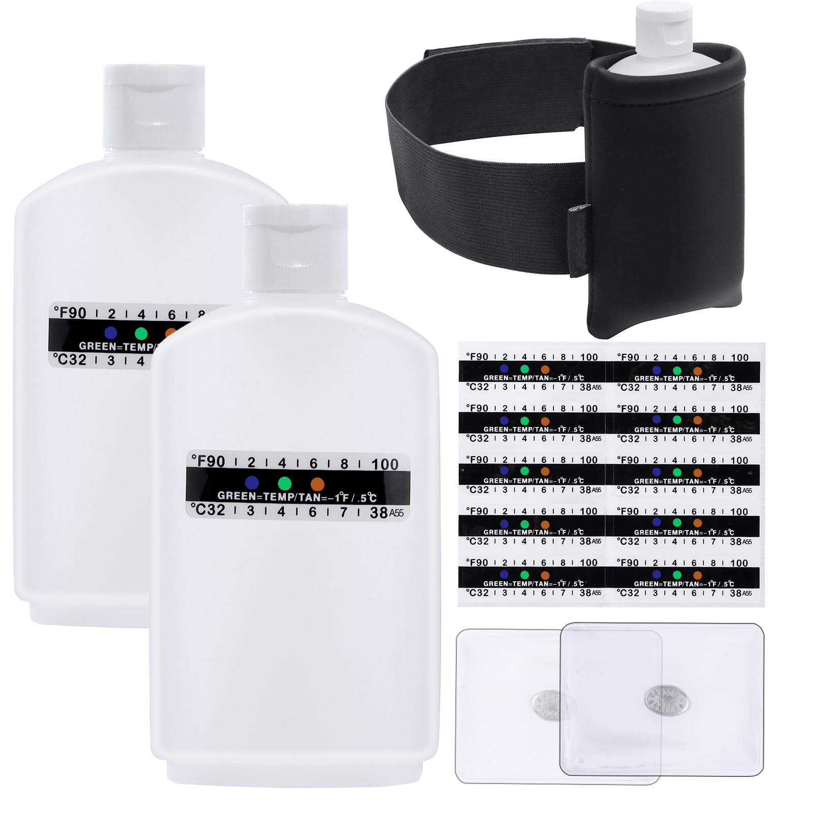 16 Pcs Urine Test Complete Kit Includes 2 Portable Empty Bottles,2 Thermal Preservation Gel Bag,10 Adhesive Temperature Test Strips,Hi-Stretch Hidden Leg Straps and Neoprene Bag,Urine Test Bottle