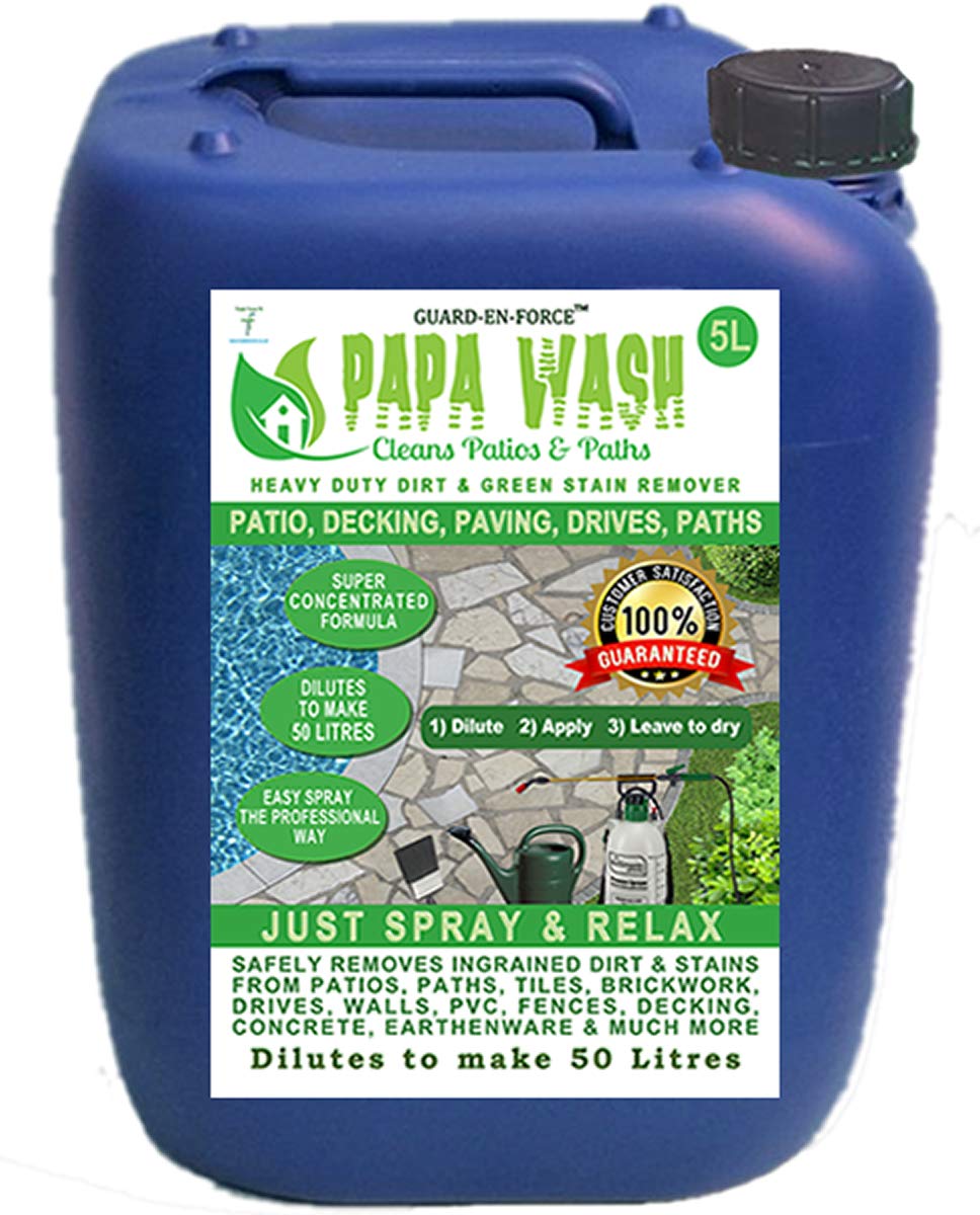 PAPA WASH - PATH and PATIO CLEANER - 5 Litres Super Concentrated Liquid Green Cleaner For All Hard Surfaces. Decking, Paving, Brickwork, PVC, Greenhouses, etc. Just Spray on and Relax