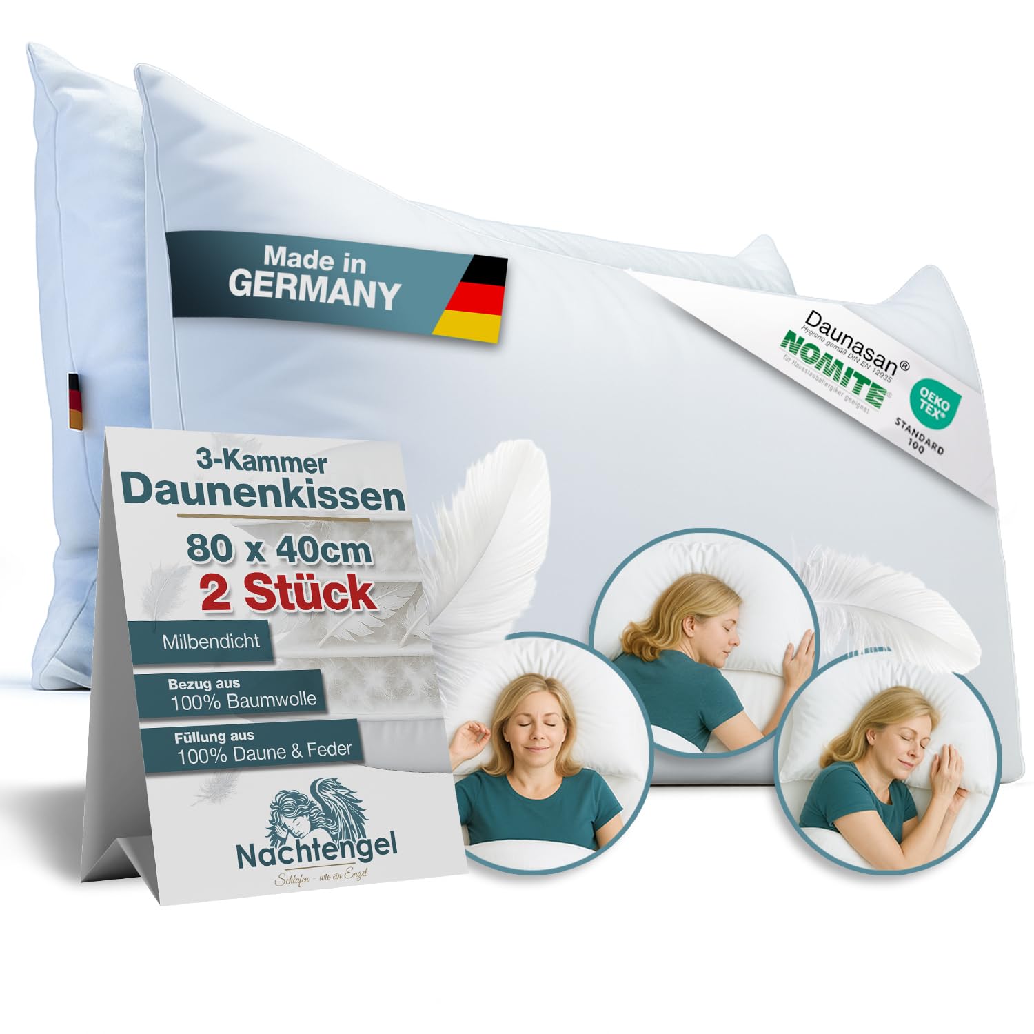 Nachtengel DAUNENKISSEN 40X80 – 3-Kammer Kopfkissen aus Daunen & Federn – Weiches Federkissen im Hotelstil, atmungsaktiv – Made in Germany – 2er Set, weiß