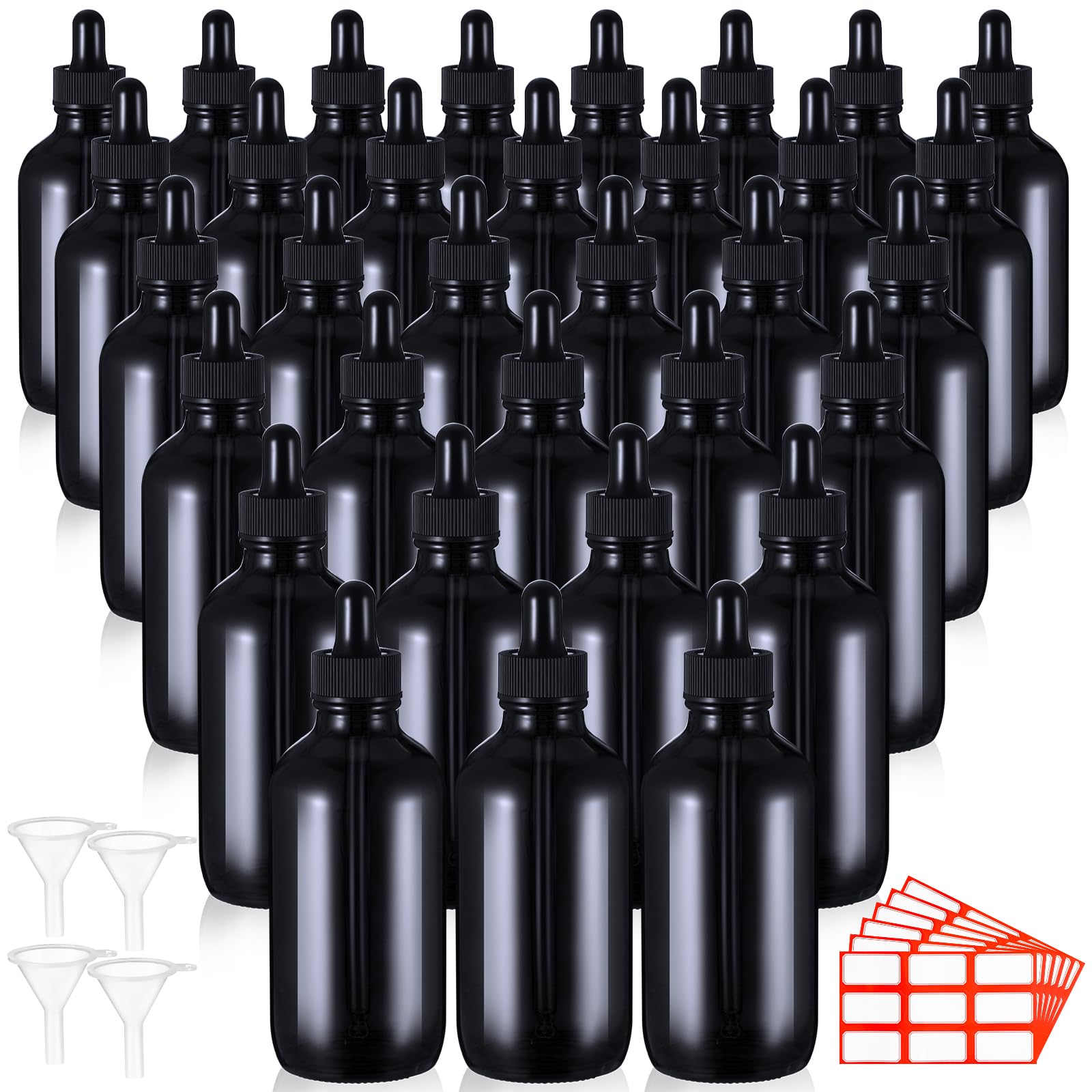 Dandat 50 botellas cuentagotas de vidrio de 4 onzas, botellas de tintura de 120 ml con cuentagotas de laboratorio con cuentagotas para ojos, embudos, etiquetas adhesivas para perfumes de aceites