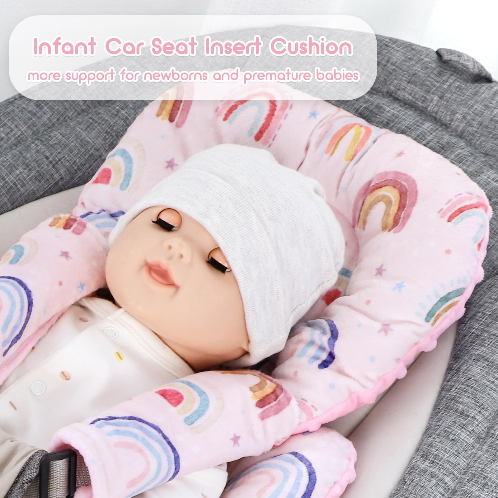 CARUILI Infant Car Seat Insert Cushion, Super Soft Baby Car Seat Head Support & 2 Straps Pads, Reversible Preemie Newborn Carseat Insert, Fit Car Seat, Stroller, Infant Bouncer, Pink Rainbow