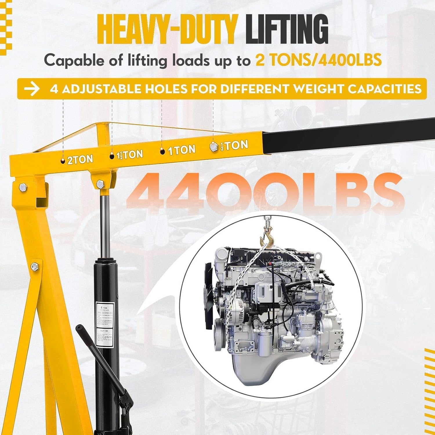 GarveeTech 2 Ton Folding Engine Hoist, Cherry Picker Engine Hoist, 4400 LBS Heavy Duty Hydraulic Shop Crane with Telescopic Boom and 6 Casters Engine Lifter for Automotive Repair