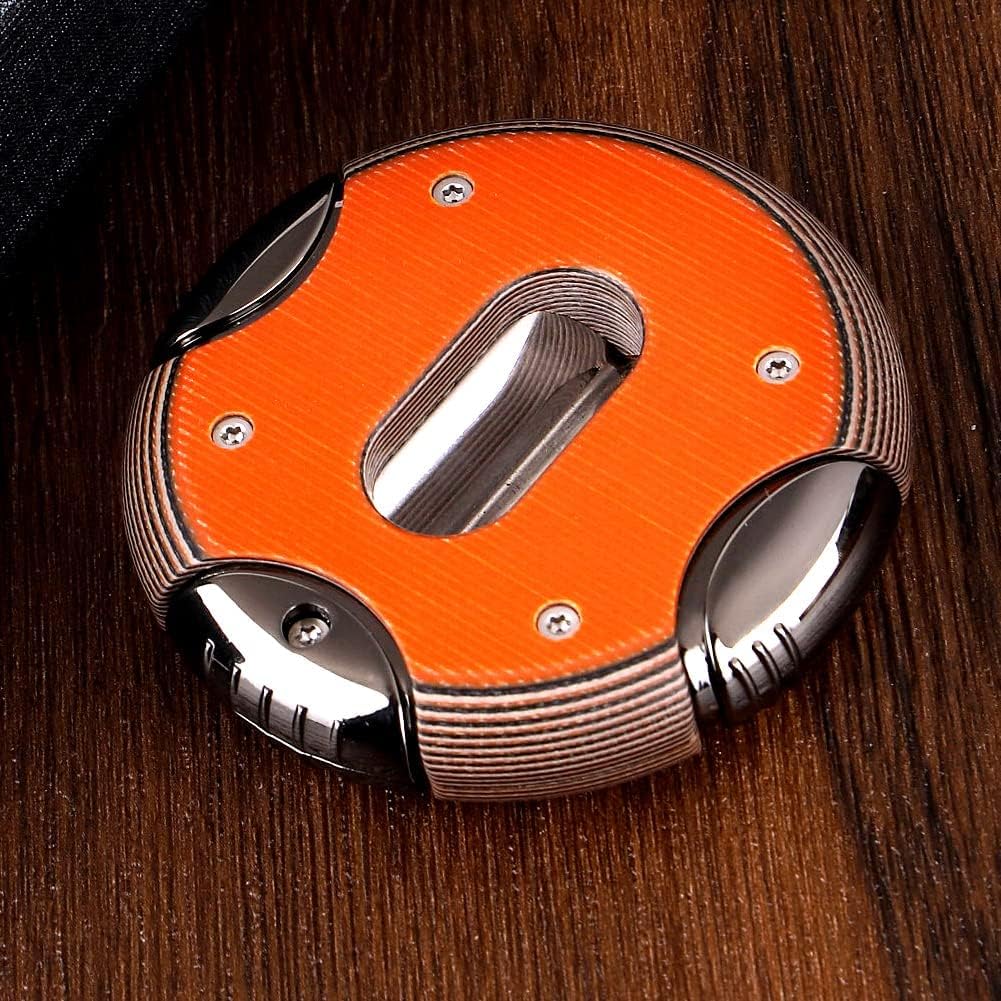 KEENSUN Round G10 V-Cut Cigar Cutter (Orange),60 Ring Gauge, Ergonomic Design with Secure-Lock,2 Pack Set with Gift Box (Cigar Cutter and G10 Cigar Holder)