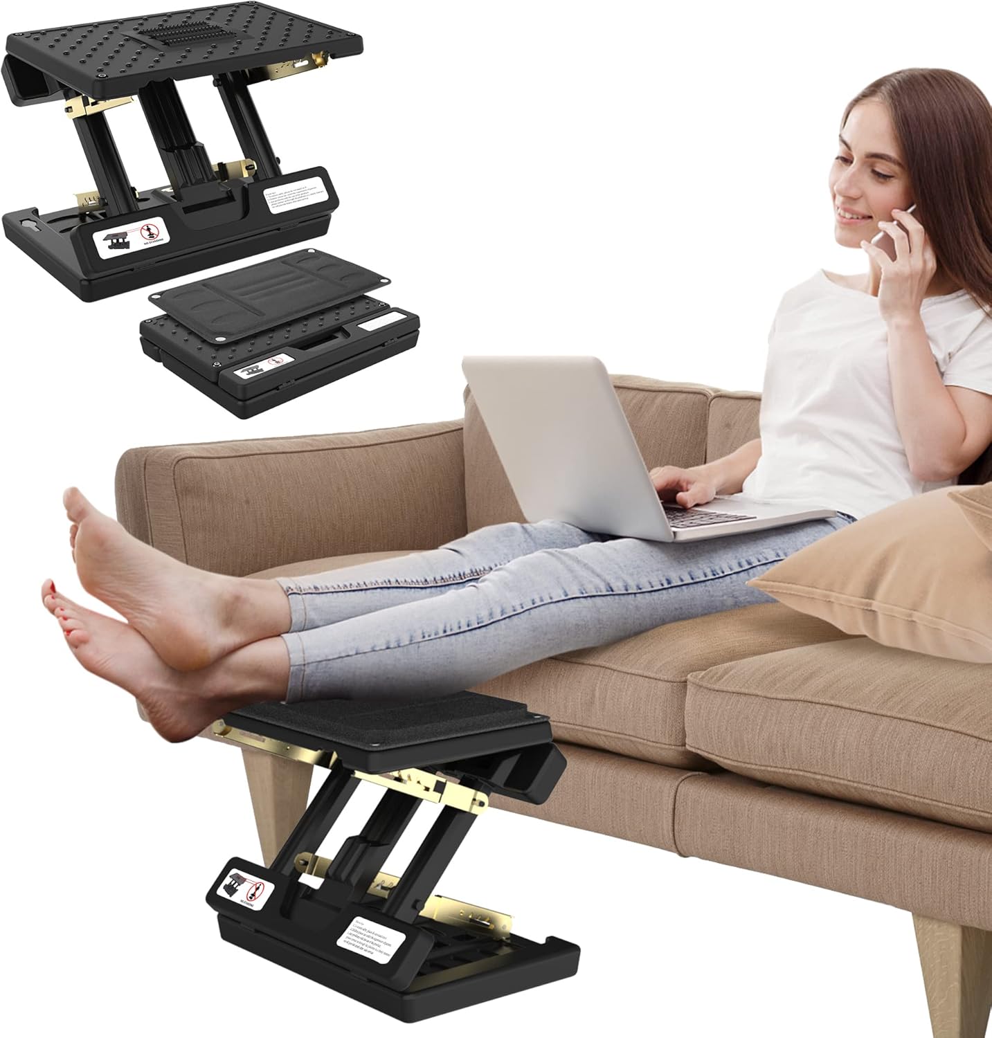 Foot Rest for Under Desk at Work, Height Adjustable Footrest with Massage Roller and Soft Pad, Foldable Ergonomic Foot Rest for Car, Underdesk, Home, Train(Black) Black PRO