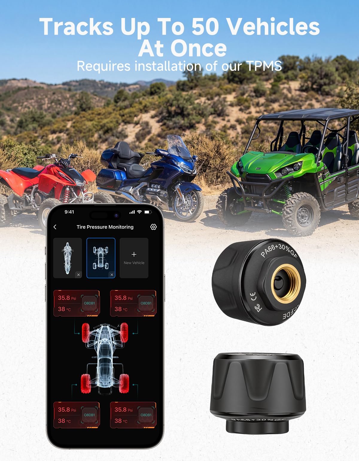 KEMIMOTO Reifendruckkontrollsystem, Motorrad TPMS System, IP67, Reifendruck und Temperatur Monitor, Batterie Langer Lebensdauer, für ATV Dirt Bike