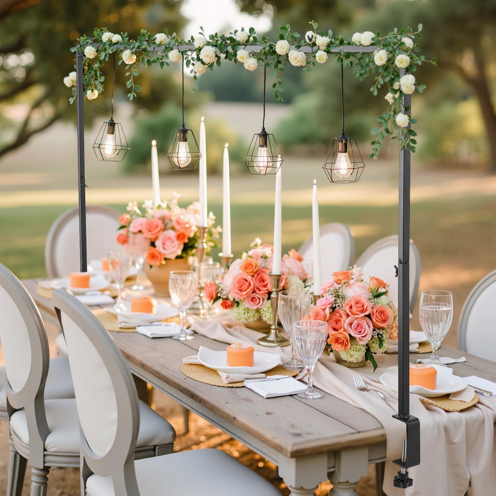 VEVOR Support Tige de Table avec Pinces, Support Arche de Table, 2 PCS, Hauteur Réglable 330-1066,8 mm Longueur Réglable 711,2-2489,2 mm, Cadre Arche Métal, pour Déco Mariage, Anniversaire, Noël, Noir