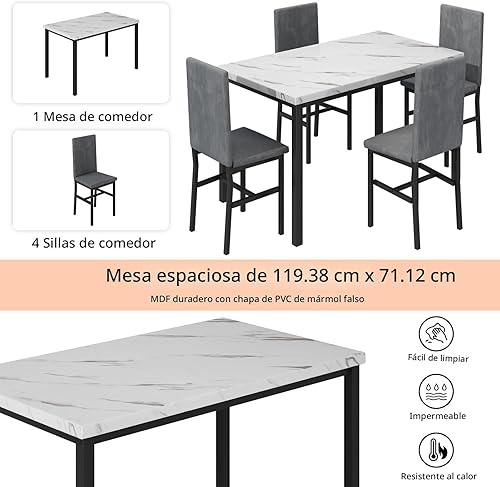 Miniatura 9 de Hooseng Juego de mesa de comedor de 5 piezas para 4 personas con parte superior de mármol sintético y sillas de terciopelo, juego de mesa de cocina