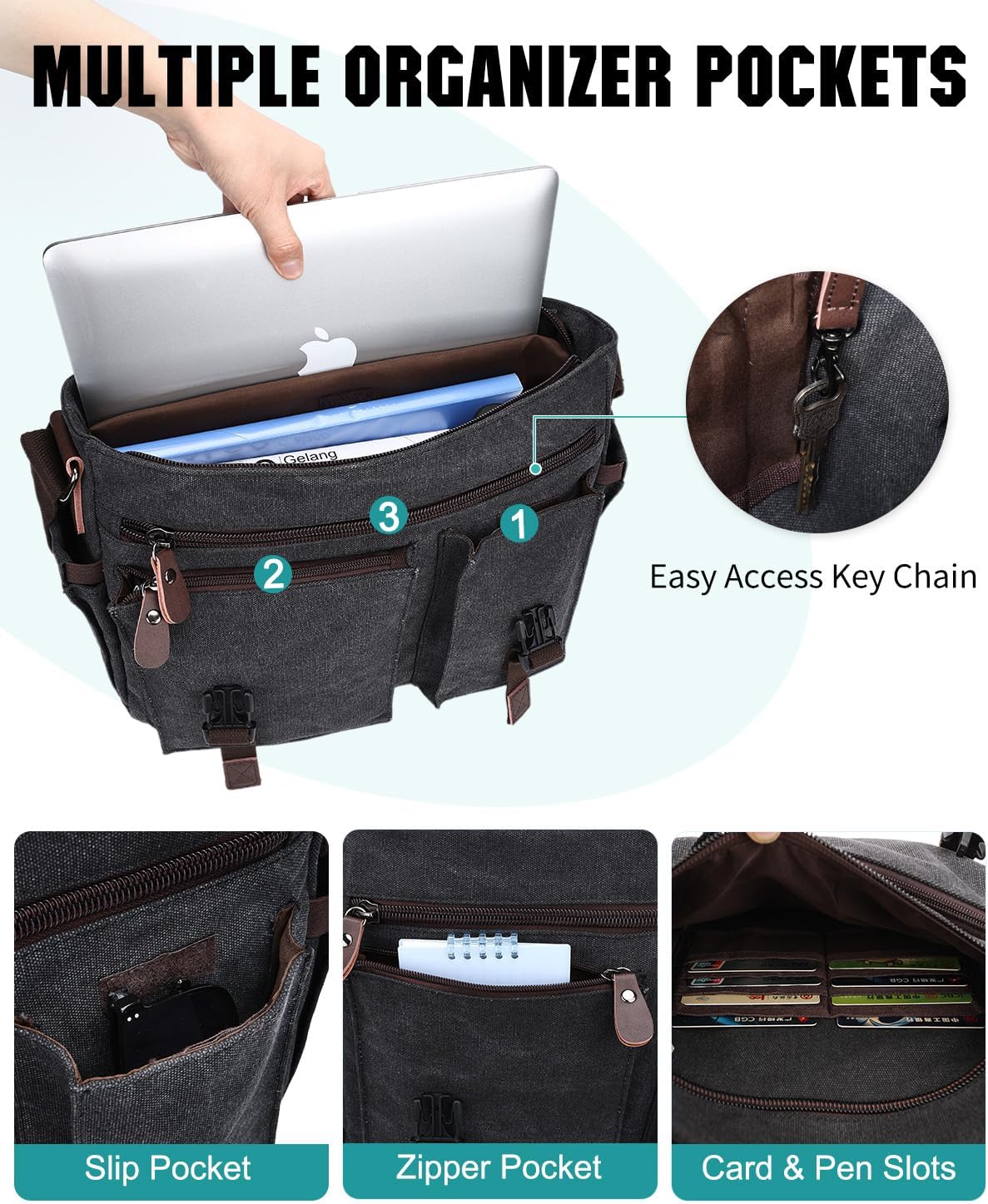 Messenger Bag for Men,Water Resistant Canvas Satchel 14 15.6 17 Inch Laptop Briefcases Business Shoulder Bag by RAVUO - Image 5