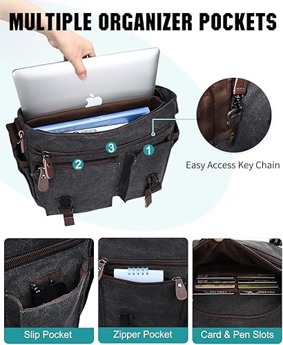 Miniatura 4 de RAVUO Bolsa de mensajero para hombre, resistente al agua, de lona, 14, 15.6, 17 pulgadas, maletines para laptop, bolsa de hombro de negocios