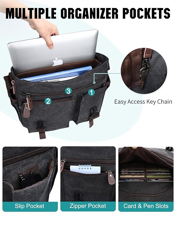 RAVUO Messenger Bag for Men, Water-Resistant Canvas Satchel Briefcase, Fits 15.6-Inch Laptop, Padded Strap, Large Capacity Bag for Work, Business, College, Black by RAVUO - Image 5