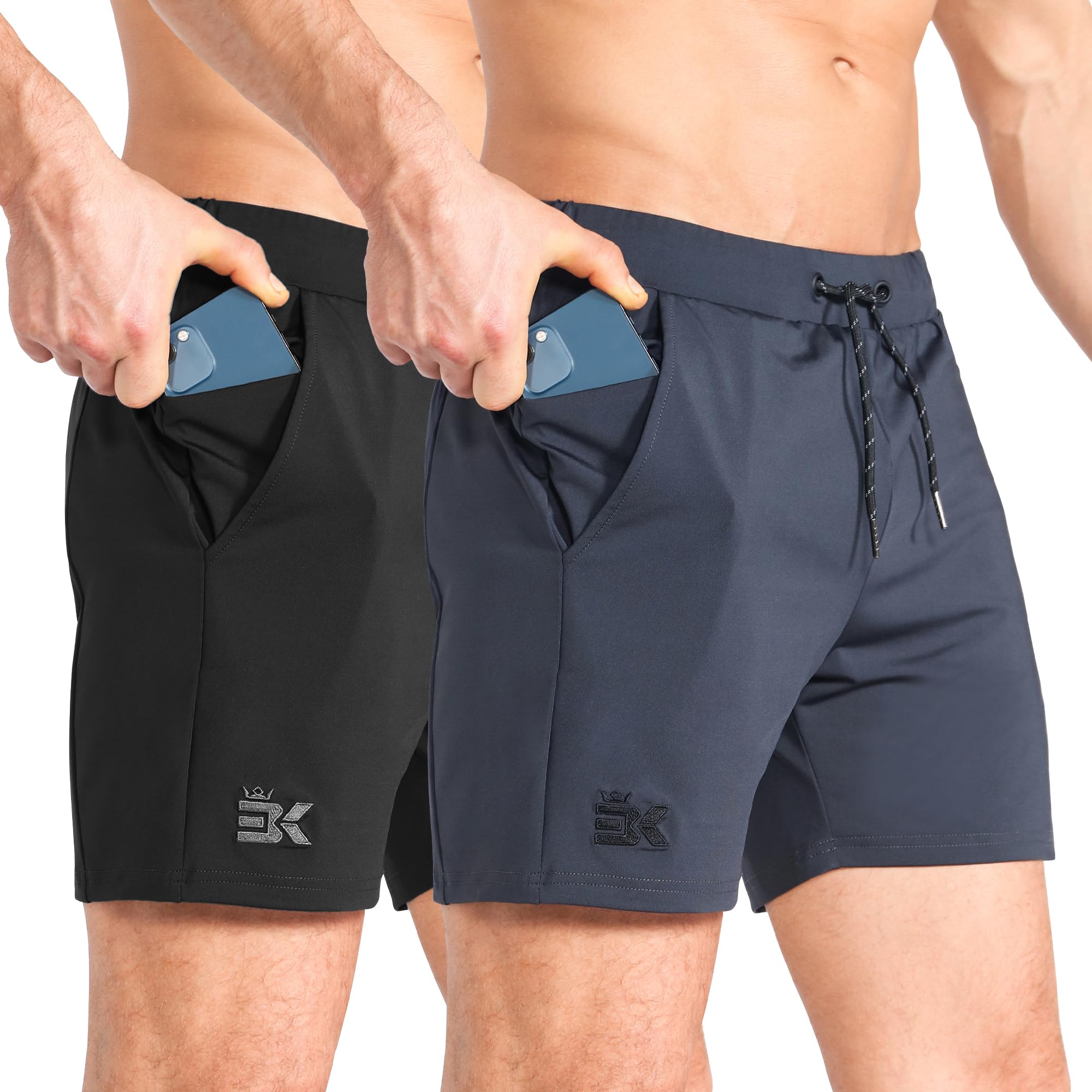 BROKIG Short de sport léger pour homme, taille élastique, course à pied, entraînement, sport, short pour homme avec poches zippées