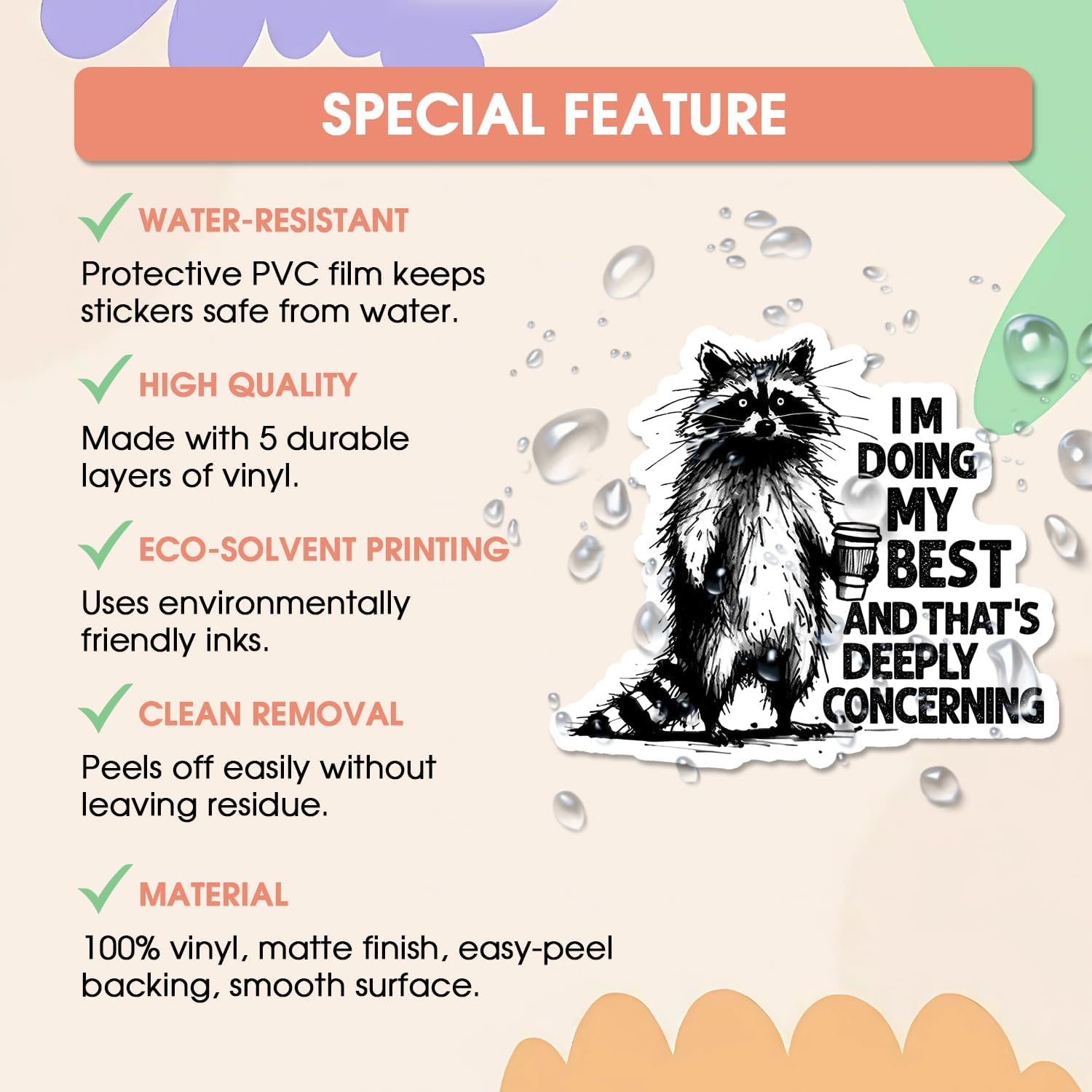 HANDICHI Design 5-Pack 6 Inch Funny Raccoon Stickers, Waterproof Vinyl Decals, “I’m Doing My Best and That’s Deeply Concerning” Coffee Raccoon Illustration Minimalist Black & White Design image 5
