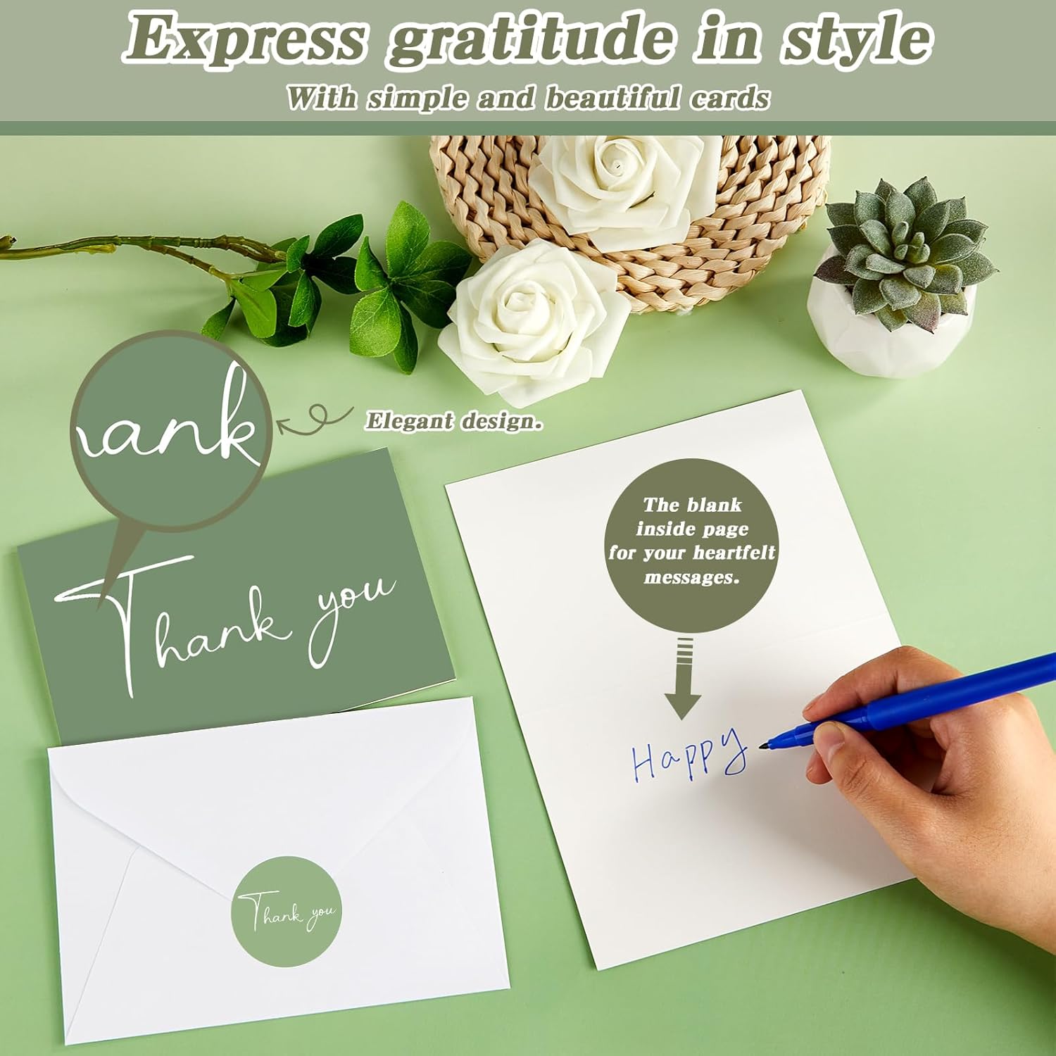 24Pcs Bulk Green Colored Thank You Cards with Envelopes and stickers 5.9x7.9 Inches Green Formal Thank You Card Minimalistic Designs Blank Notes Suitable for Wedding Bridal Gift Baby Shower Graduation - Image 5