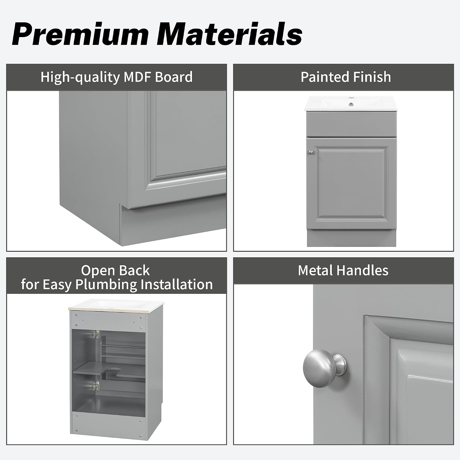 Christopher Knight Home Vanes Wood Frame 20" Bathroom Vanity with Ceramic Sink, Cabinet with Soft-Closing Door Shelf and Adjustable Shelf, Open Back, Metal Hardware, Storage/Organizer, Gray