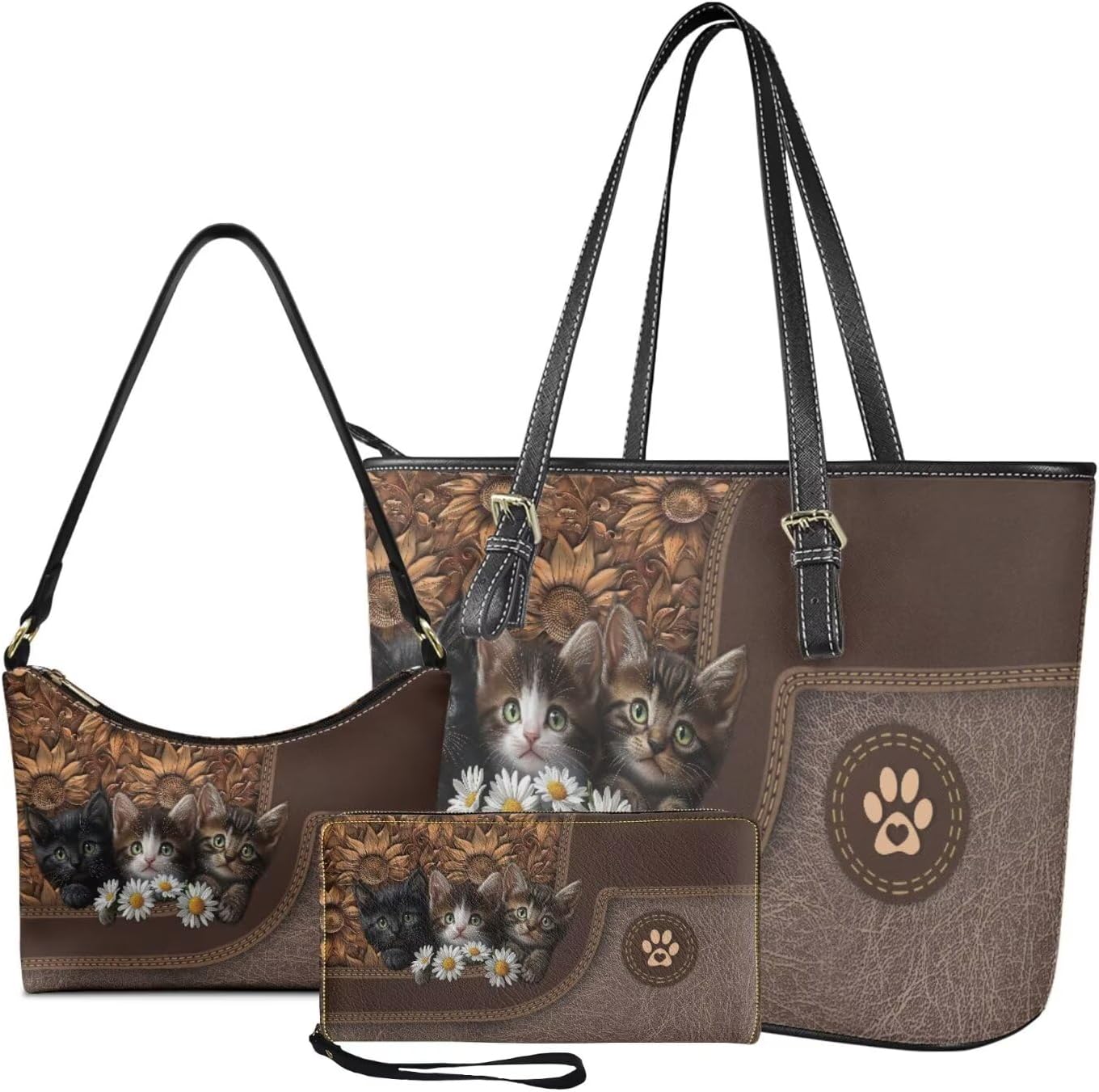 Tote Handbag Set 3pcs for Women, Ladies, PU Leather Shoulder Bag Waterproof Wallet Purse with Zipper for Work