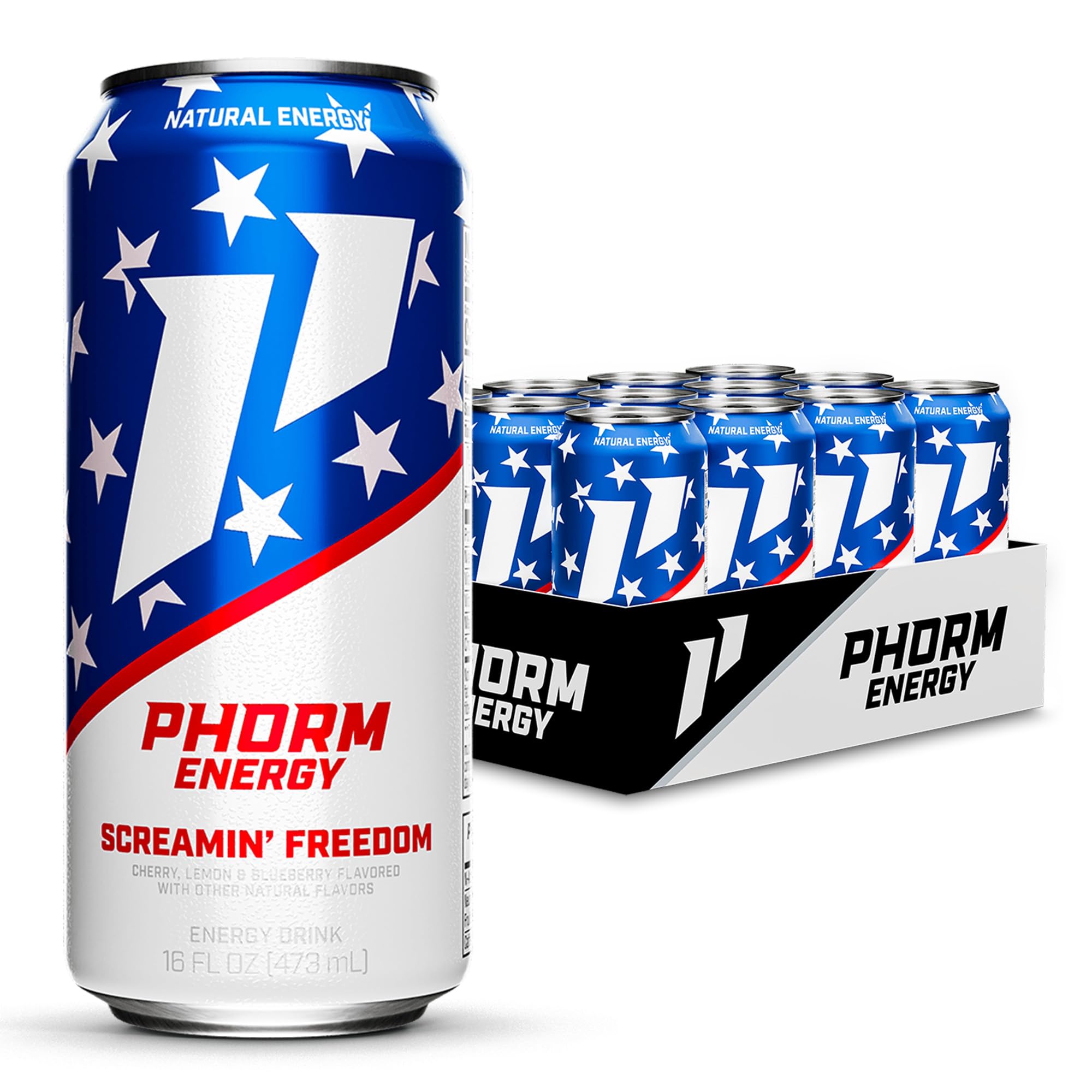 Phorm Energy Drink, Screamin’ Freedom, Rocket Pop Flavor, Sugar Free, 200 mg Natural Caffeine From Green Tea, Electrolytes and Vitamin B12, Gluten