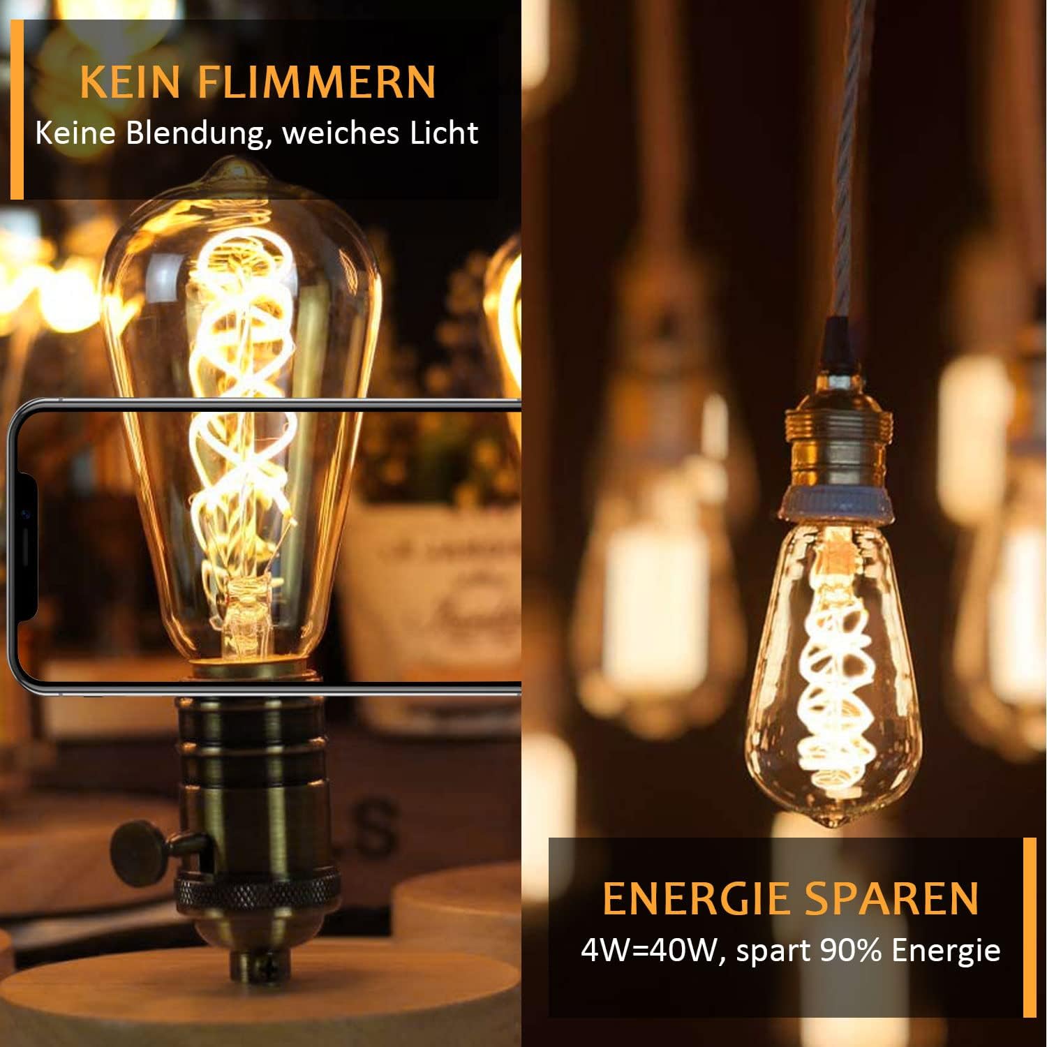 Glühbirne E27 LED Vintage 4W Dimmbar Warmweiß ST64, Bernstein - 6 Stück | Edison Vintage Glühbirne E27 Retro LED Filament Lampe für Nostalgie und Retro Beleuchtung im Haus Café Bar