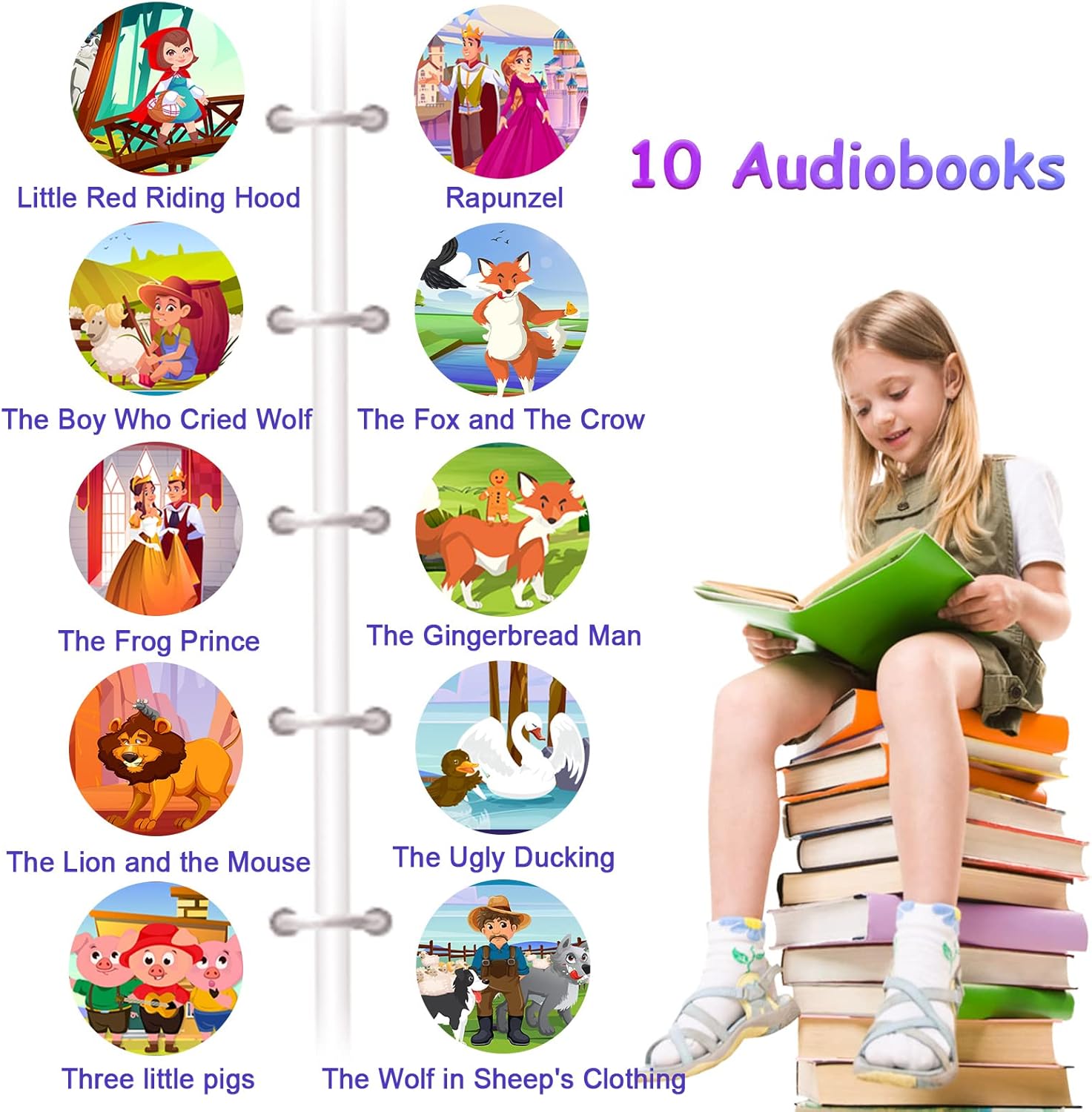 Smartwatch displaying a list of 10 audiobooks, with a child reading a book.