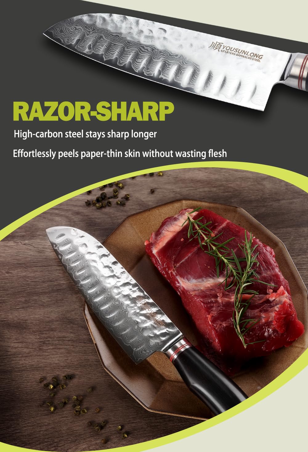 YOUSUNLONG Coltello Santoku - Coltello da cucina, 177 mm - Coltello da chef professionale - Damasco giapponese ad alto tenore di carbonio VG10 - Manico in ebano naturale con fodero in pelle