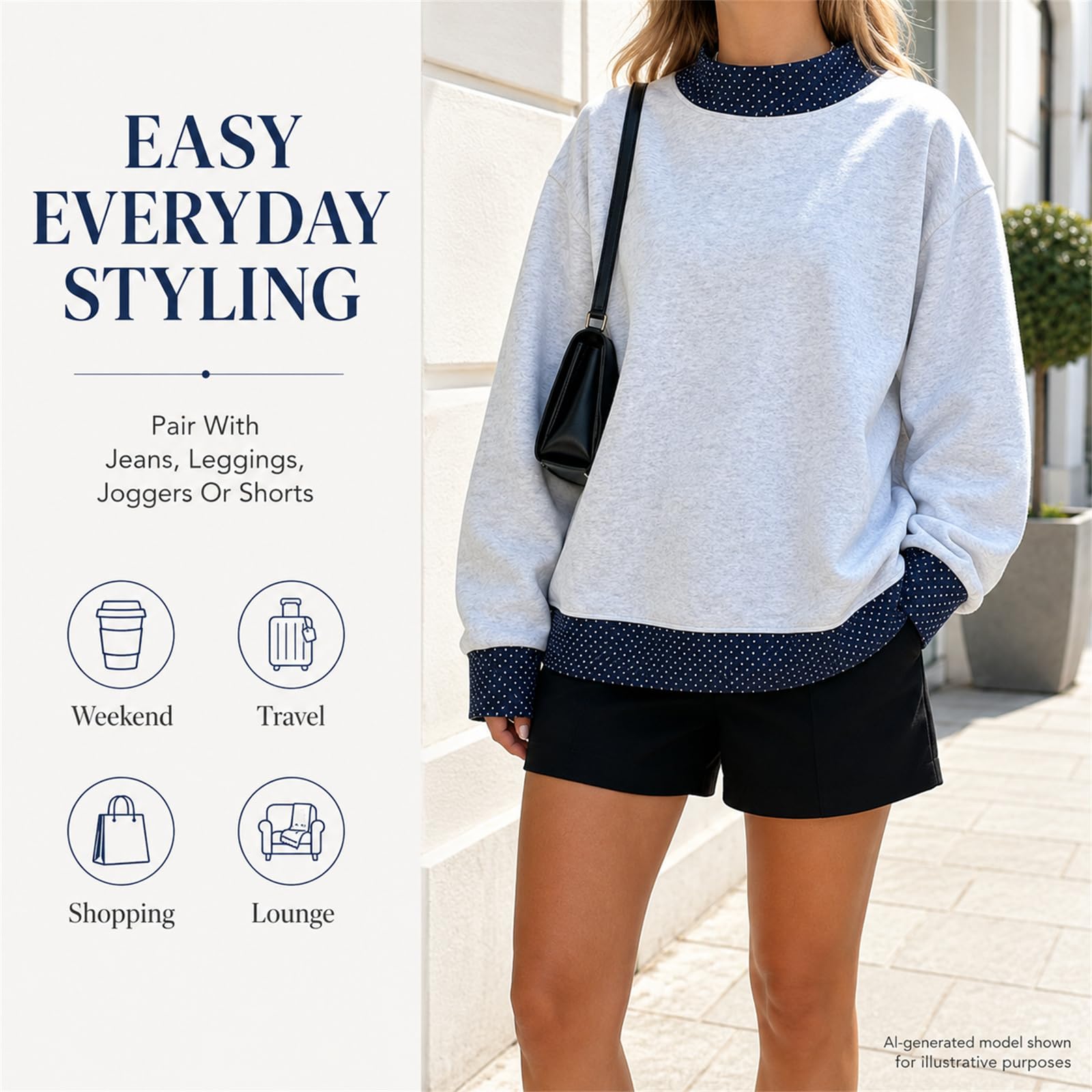 Sudadera de lunares de gran tamaño para mujer, suéter con borde de contraste